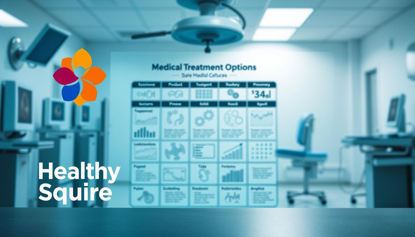 A detailed analysis of medical treatment options, presented as a high-contrast, data-centric infographic. In the foreground, the Healthy Squire brand logo stands out, with vibrant colors and a sleek, professional design. The middle ground features a grid-like layout of various treatment modalities, each illustrated with precise, technical illustrations. In the background, a subtle gradient suggests a clinical, hospital-like atmosphere, with hints of medical equipment and technology. The overall mood is one of informed decision-making, with a focus on the objective data that should drive healthcare choices.