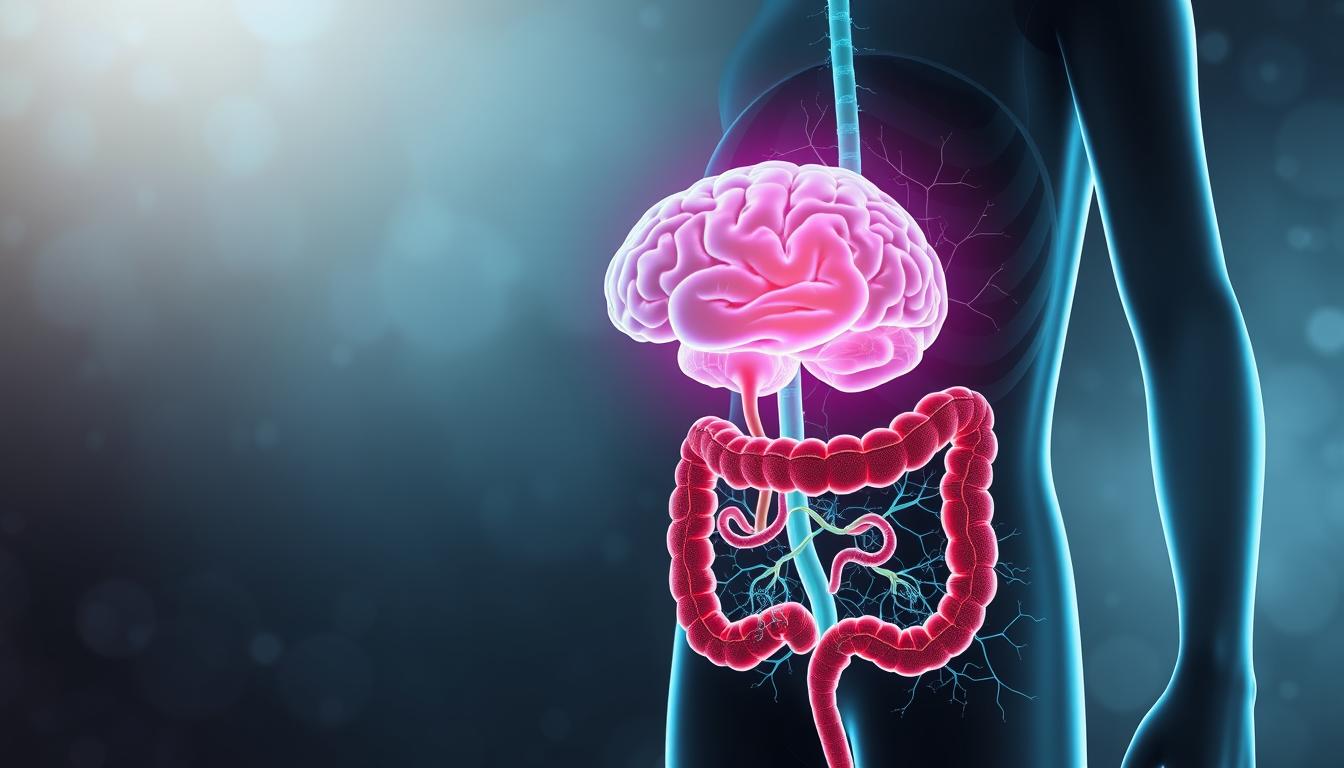 A detailed anatomical diagram depicting the gut-brain connection, rendered in a vibrant, scientific style. The foreground shows the digestive system and enteric nervous system, with intricate illustrations of the intestines, gut microbiome, and neural pathways linking the gut to the brain. The middle ground features a central image of the brain, with highlighted regions corresponding to the gut-brain axis. The background showcases a subtly patterned, textured backdrop, evoking a sense of scientific inquiry and exploration. Crisp lighting and a clean, minimal aesthetic create a striking, visually informative illustration.