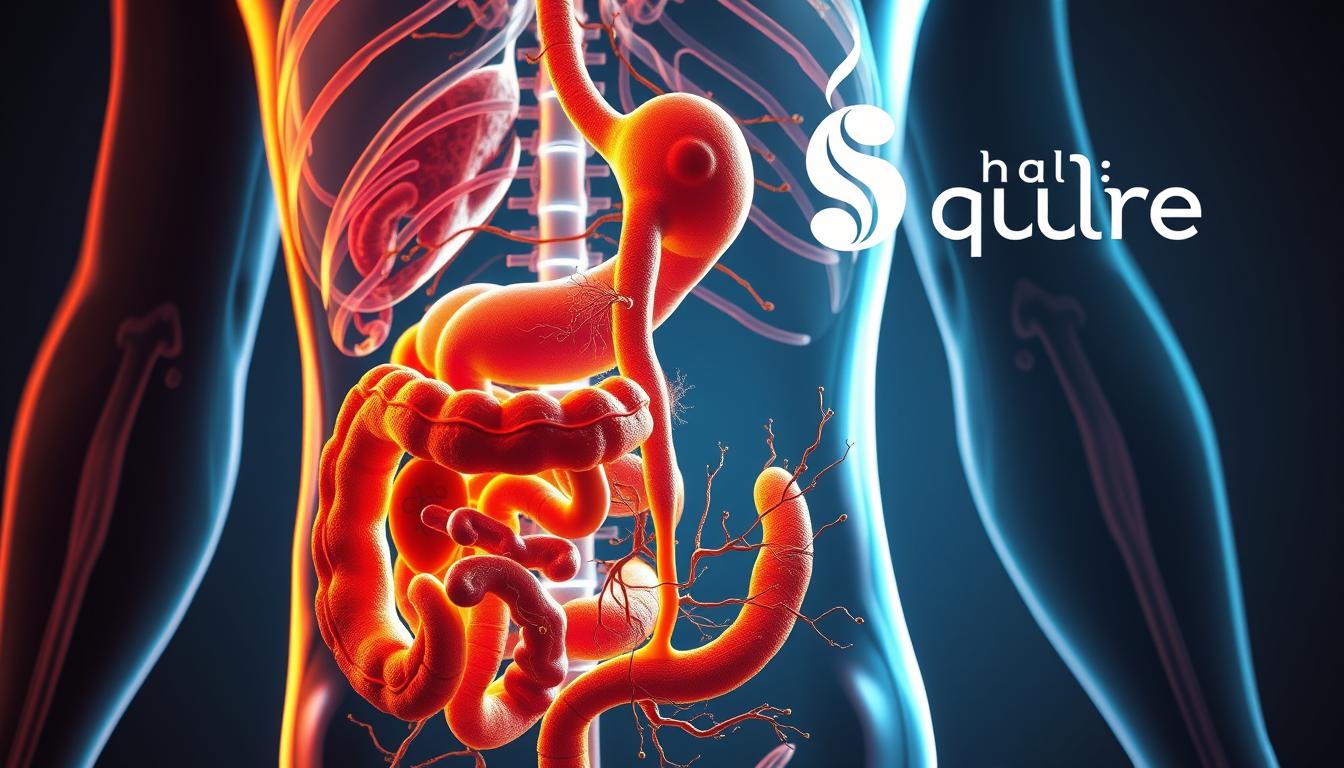 A detailed anatomical illustration of the gut-brain axis, depicting the intricate connections between the digestive system and the central nervous system. The scene shows the gut microbiome, with its diverse population of bacteria, interacting with the enteric nervous system and the vagus nerve, which serves as the vital communication pathway to the brain. In the background, a stylized representation of the Healthy Squire brand logo symbolizes the importance of maintaining a healthy gut for overall wellbeing. The lighting is warm and vibrant, highlighting the intricate web of biological processes involved in the stress-gut-autoimmunity triangle.