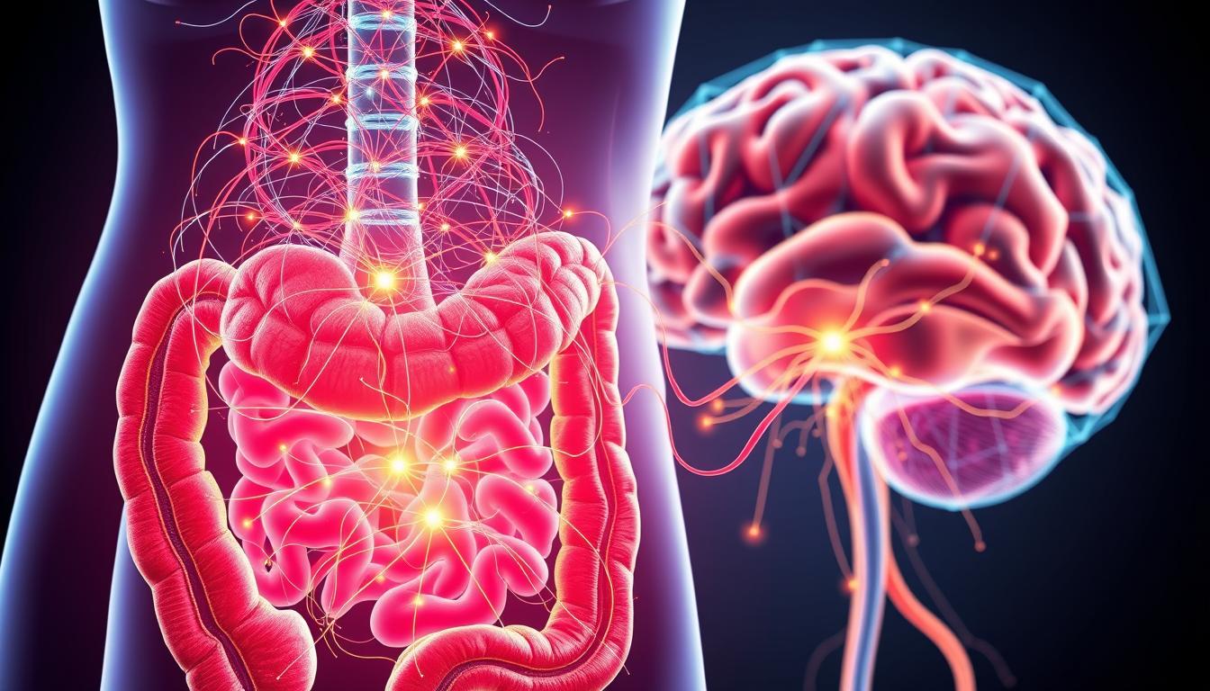 A detailed anatomical illustration of the gut-brain connection, showcasing the intricate pathways and interactions between the enteric nervous system and the central nervous system. In the foreground, a cross-section of the gut, with the intestinal lining and gut microbiome prominently featured. In the middle ground, neural pathways and connections weave between the gut and the brain, represented by vibrant, intricate nerve fibers. In the background, an abstract, geometric representation of the brain, with regions associated with cognition, mood, and behavior highlighted. The overall scene is rendered in a vivid, almost luminescent color palette, capturing the dynamic and vital nature of this important physiological relationship.
