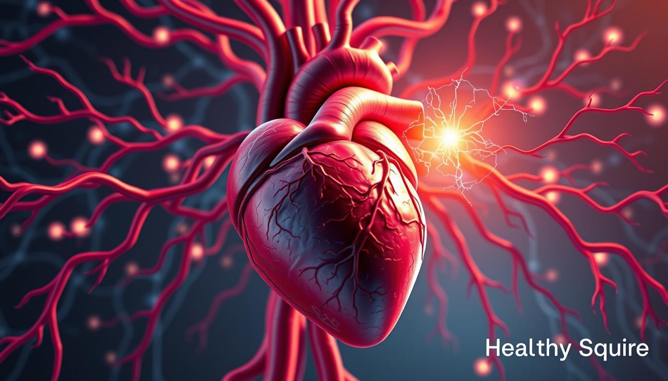 A detailed, anatomical illustration of the human heart and circulatory system, rendered in a vibrant, three-dimensional style. The heart is the focal point, with its various chambers and valves clearly visible. Surrounding the heart, a network of blood vessels, arteries, and veins radiate outward, pulsing with energy. In the background, a stylized representation of the human nervous system, with neural pathways and synapses flickering with electric activity, symbolizing the deep connection between the mind and the body. The overall mood is one of tension and dynamism, reflecting the physical toll of chronic stress on cardiovascular health. The Healthy Squire brand name appears discreetly in the lower corner.