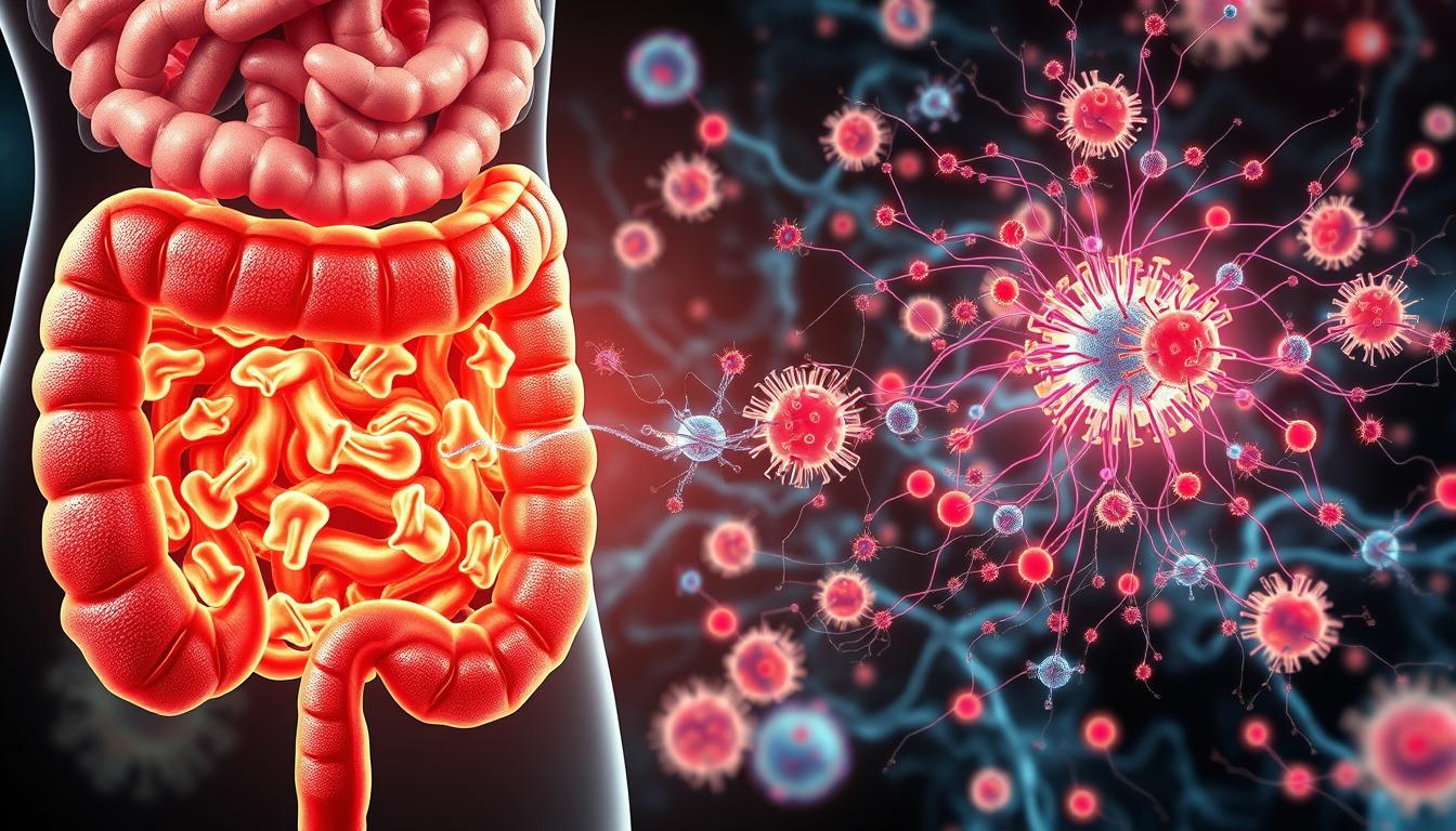 A detailed anatomical illustration showcasing the profound connection between the gut and the immune system. In the foreground, a meticulously rendered cross-section of the intestinal tract, revealing the complex network of microbiome, mucosa, and lymphoid tissue. The middle ground features a dynamic visualization of immune cells, including lymphocytes and macrophages, actively patrolling and interacting with gut-associated lymphoid structures. The background depicts the vibrant, intricate web of neural pathways and signaling molecules that facilitate bidirectional communication between the gut and the systemic immune response. The overall scene is imbued with a sense of scientific precision and biological elegance, capturing the vital, yet often overlooked, gut-immune axis.