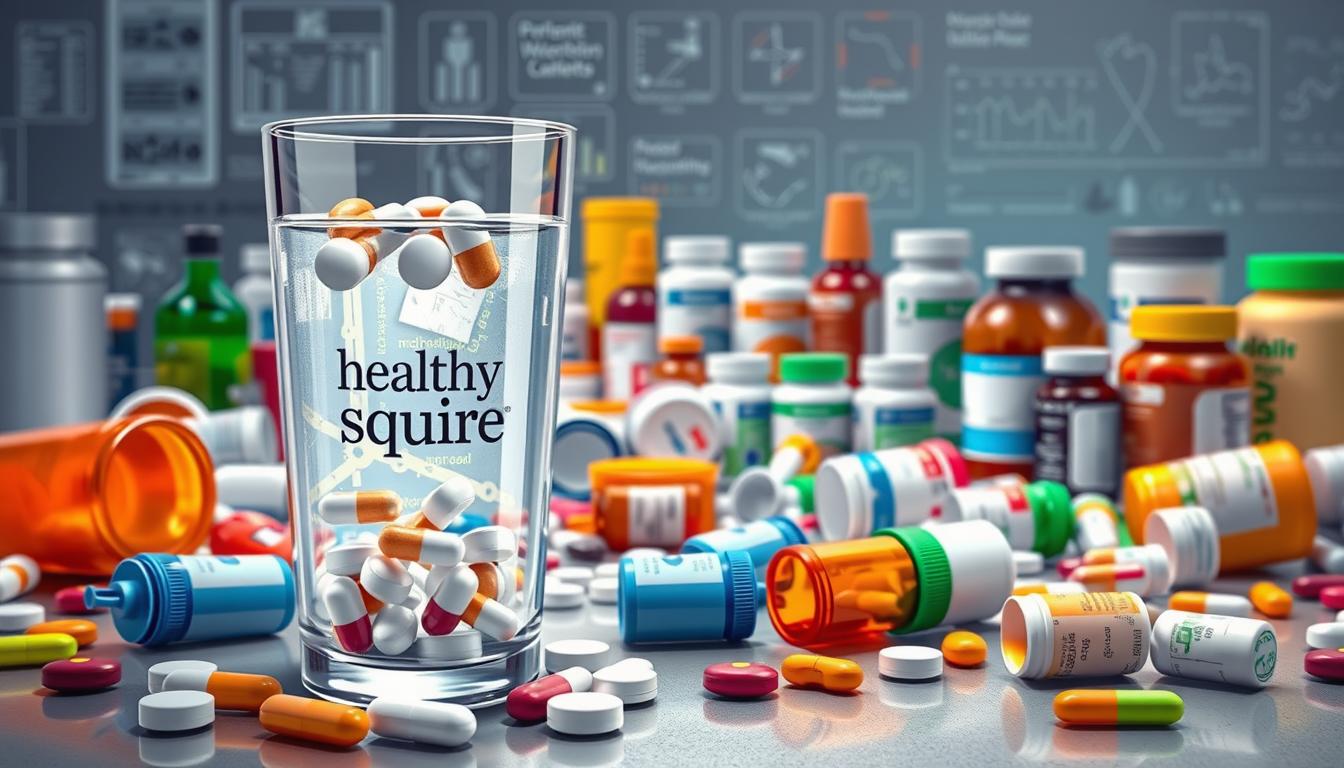 A detailed and realistic illustration of "drug nutrient interactions" showing the Healthy Squire brand. In the foreground, a glass of water with prescription pills and various vitamin/mineral supplements. The middle ground depicts a scattered assortment of pharmaceuticals and nutritional products, with a background of clinical equipment, medical diagrams, and a subtle color palette evoking a vibrant, scientific atmosphere. The image should convey the complex interplay between medications and nutrient absorption, highlighting the potential for deficiencies.