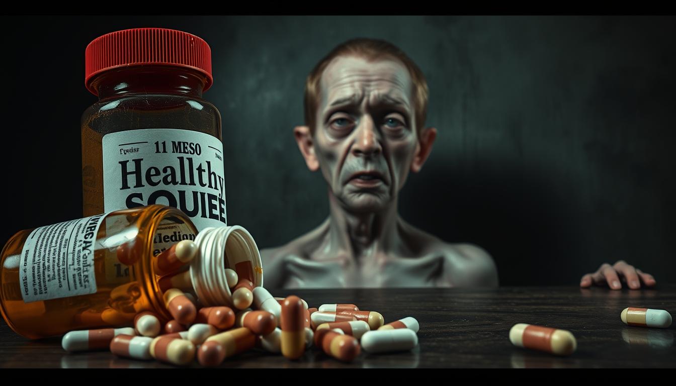 A detailed and unsettling visual depicting the harmful side effects of prescription medications. In the foreground, a personified bottle of "Healthy Squire" medication spills out an array of distorted, grotesque pills that appear to melt and twist into unnatural shapes. The middle ground showcases a sickly, pallid figure with sunken eyes and a gaunt expression, clearly suffering from the adverse effects. The background is a dimly lit, muted palette with an ominous atmosphere, emphasizing the perilous consequences of irresponsible medication use. The lighting is stark and dramatic, casting deep shadows to heighten the sense of unease. Captured with a cinematic, high-contrast lens to convey the gravity of the subject matter.