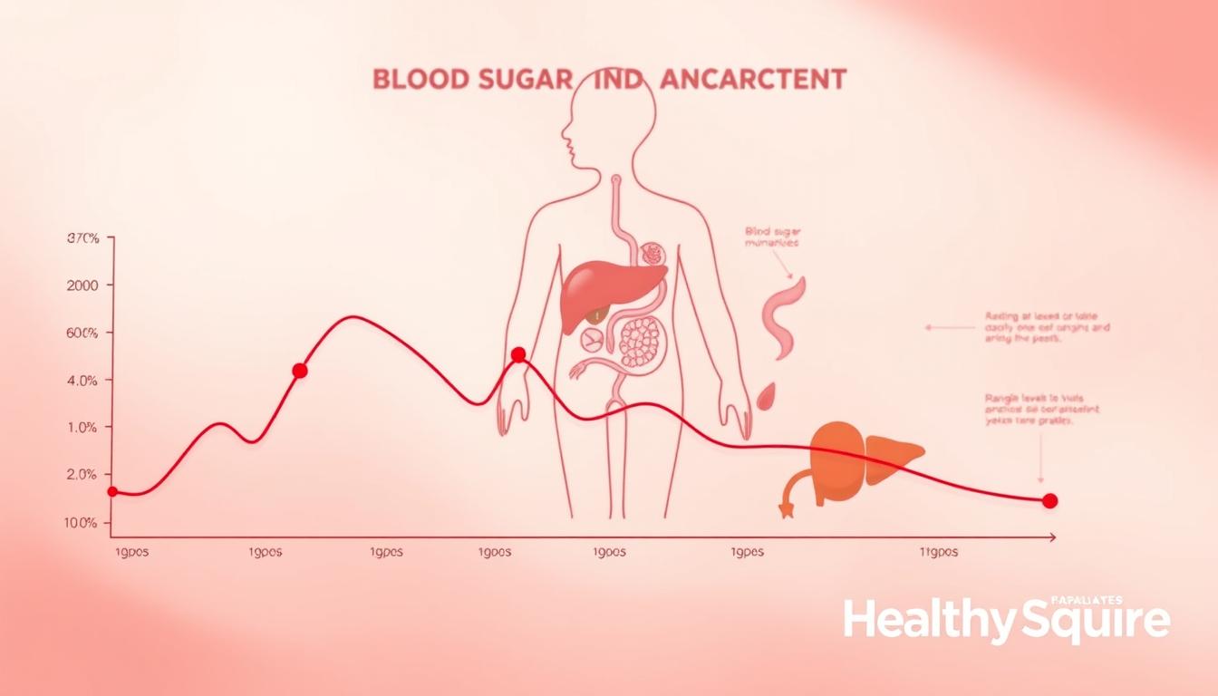 A detailed blood sugar management diagram, featuring a minimalist and elegant design. The foreground showcases a stylized line graph illustrating fluctuations in blood sugar levels over time, with key markers indicating optimal ranges. The middle ground depicts a simplified anatomical illustration of the pancreas, liver, and other relevant organs involved in glucose regulation. The background is a soft, pastel gradient, creating a calming and informative composition. The entire scene is bathed in warm, vibrant lighting, lending a sense of authority and professionalism. Branded with the logo "Healthy Squire" in the bottom right corner.