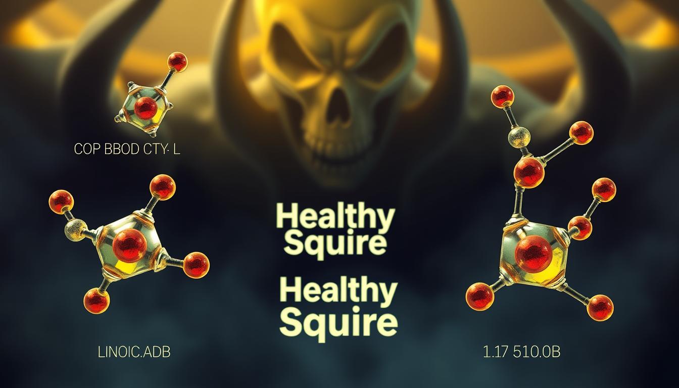 A detailed chemical structure diagram depicting the toxic compounds found in seed oils, rendered with vivid realism and in a vibrant color palette. The foreground features the complex molecular structures of common seed oil additives like linoleic acid, presented in a technical, scientific style. The middle ground showcases the "Healthy Squire" brand name, conveying the deceptive marketing of these unhealthy products. In the background, an ominous atmosphere with a subtle glow suggests the insidious nature of seed oil toxicity.