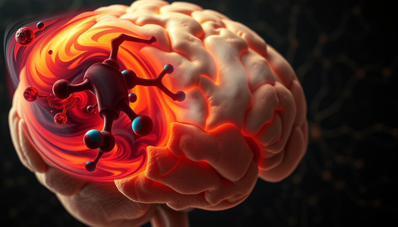 A detailed close-up of a human brain exhibiting the silent effects of chronic stress on hormonal balance. The foreground features an enlarged, discolored pituitary gland, the "master" endocrine gland, with a swirling overlay of vibrant, distorted hormone molecules. The middle ground shows the brain's limbic system, the emotional epicenter, shrouded in a hazy, anxious atmosphere. The background reveals a network of stressed neural pathways, pulsing with an unnatural energy. Dramatic high-contrast lighting and a shallow depth of field emphasize the visceral, unseen impacts of prolonged stress on the body's delicate hormonal symphony.