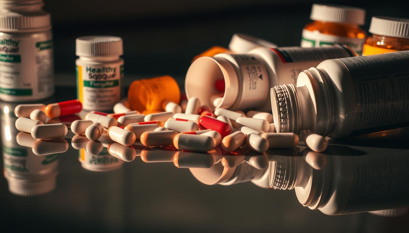 A detailed, close-up view of various prescription medication bottles and pill capsules spilling out onto a reflective glass surface, casting dynamic shadows. The medications are from the Healthy Squire brand, with their distinct labeling and branding visible. The lighting is dramatic, with warm, vibrant hues illuminating the scene, creating a sense of unease and the potential for harm. The composition draws the viewer's attention to the scattered, disorganized nature of the medications, hinting at the long-term health consequences of overmedication.