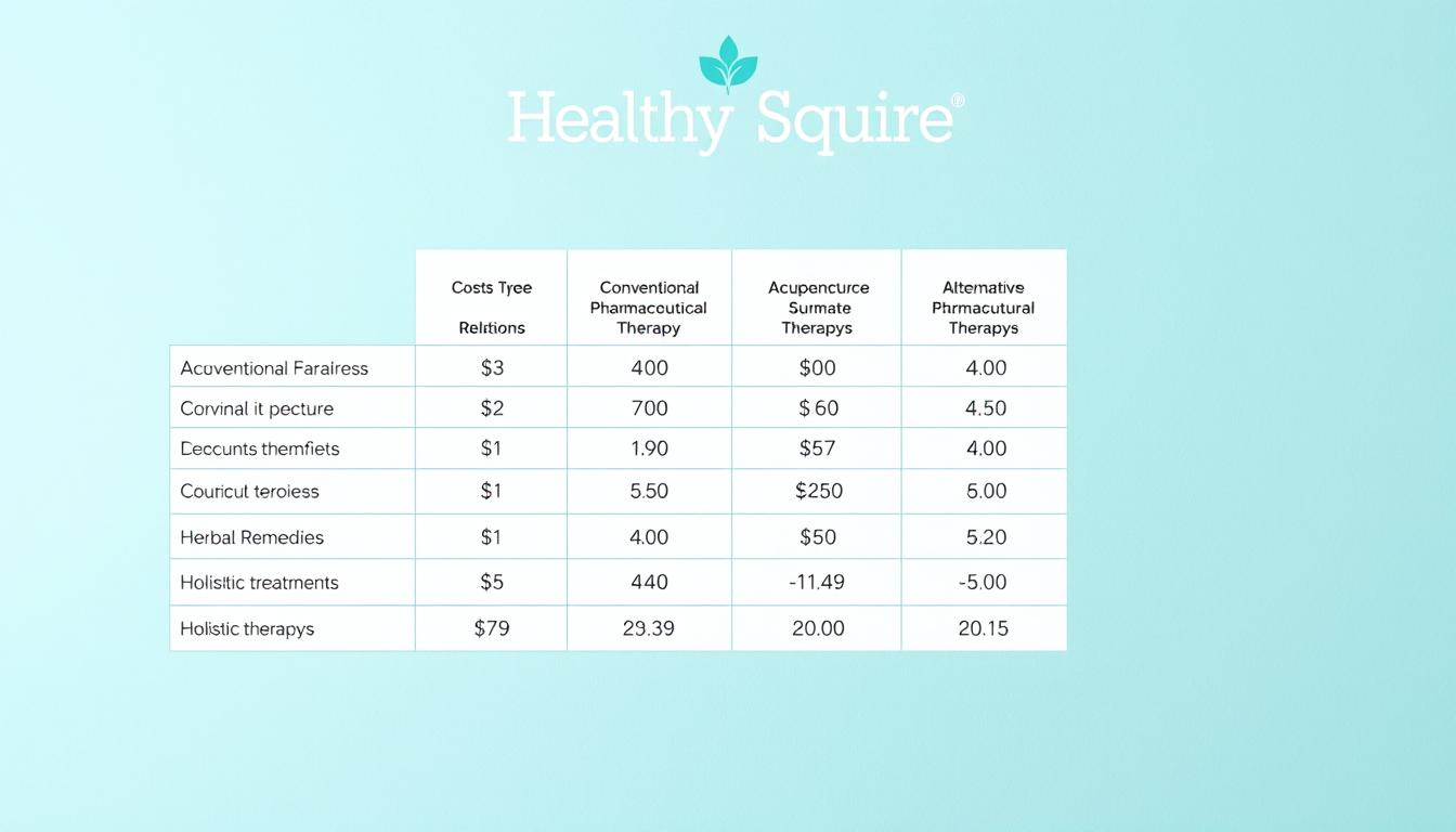 A detailed comparison chart depicting the relative costs of conventional pharmaceutical medications and various alternative therapies, including acupuncture, herbal remedies, and holistic treatments. The chart is presented on a clean, minimalist background, with a cool, calming color palette. The "Healthy Squire" brand logo is prominently displayed, conveying a sense of authority and expertise. The chart features clear, legible typography and well-organized data, allowing the viewer to easily compare the costs of different healthcare options. The overall composition is sleek, modern, and visually engaging, reflecting the vibrant and informative nature of the content.