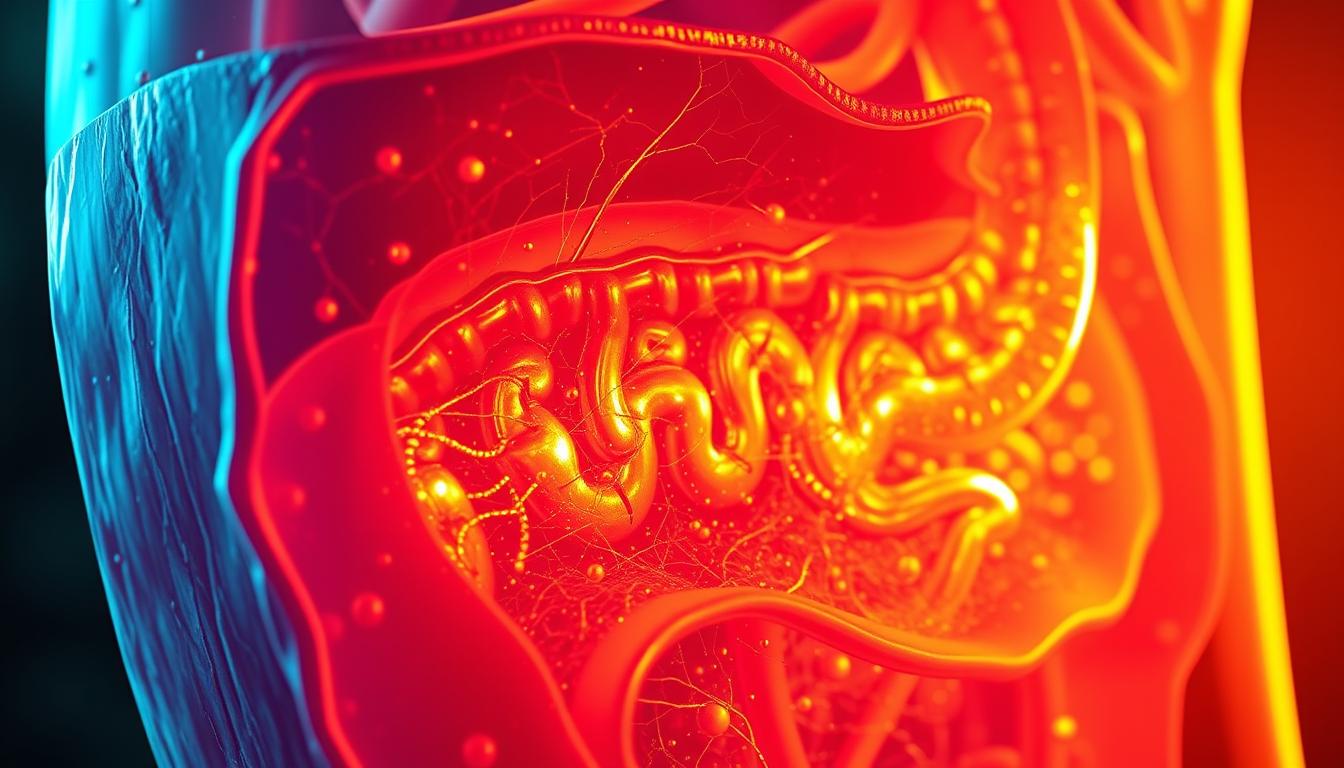 A detailed cross-section depicting the intricate gut-skin connection. In the foreground, a translucent layer of healthy skin reveals an intricate network of capillaries, nerves, and immune cells. In the middle ground, the intestinal lining with its vibrant, diverse microbial community is visible, connected to the skin via delicate pathways. The background showcases the underlying anatomical structures, including the digestive tract and circulatory system, bathed in a warm, vibrant glow. The image conveys the profound, symbiotic relationship between gut health and skin wellness, highlighted by a sense of depth, interconnectivity, and natural harmony.