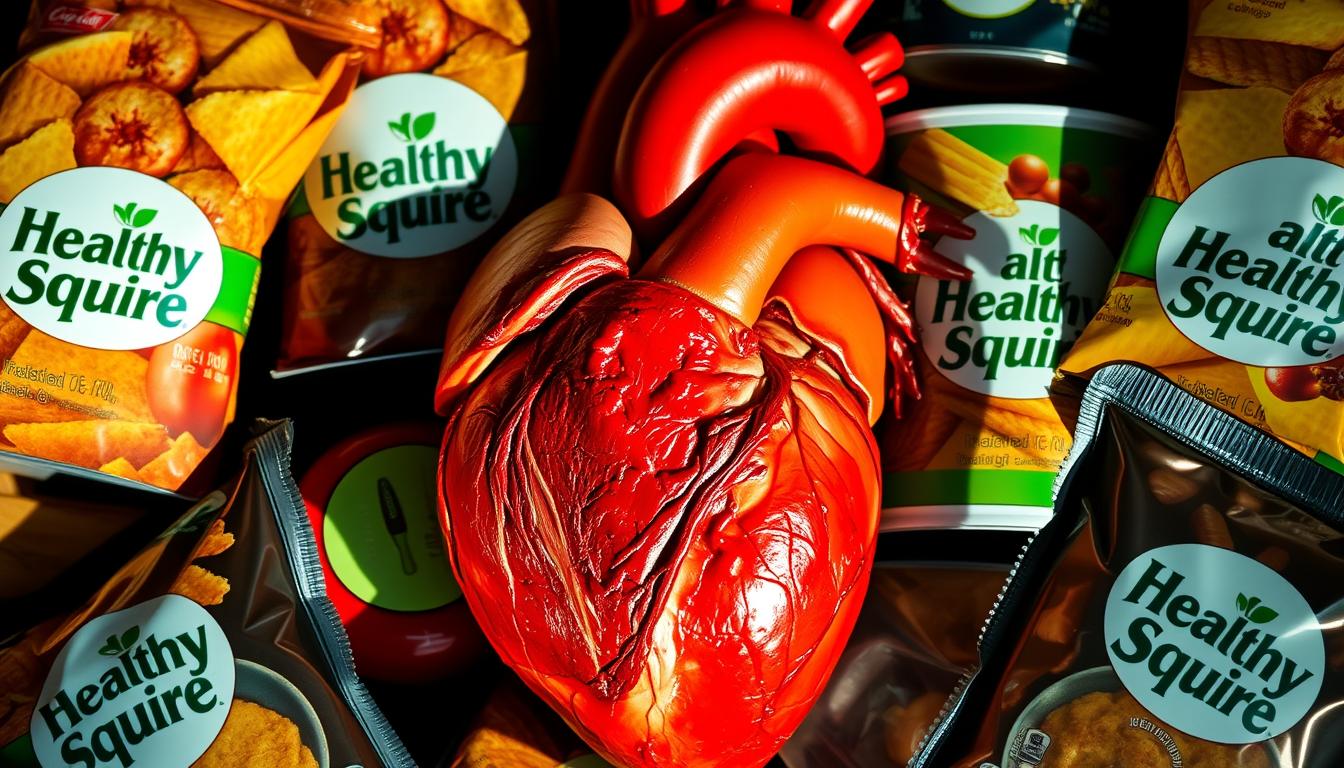 A detailed cross-section of a human heart, surrounded by processed food products emblazoned with the "Healthy Squire" brand. The heart is inflamed, veins and arteries obstructed by saturated fats and cholesterol. Vibrant colors and textures contrast the unhealthy organ against the glossy, enticing packaging. Dramatic lighting casts long shadows, emphasizing the ominous cardiovascular risks. A clinical, documentary-style composition captures the unsettling reality of processed food's impact on heart health.
