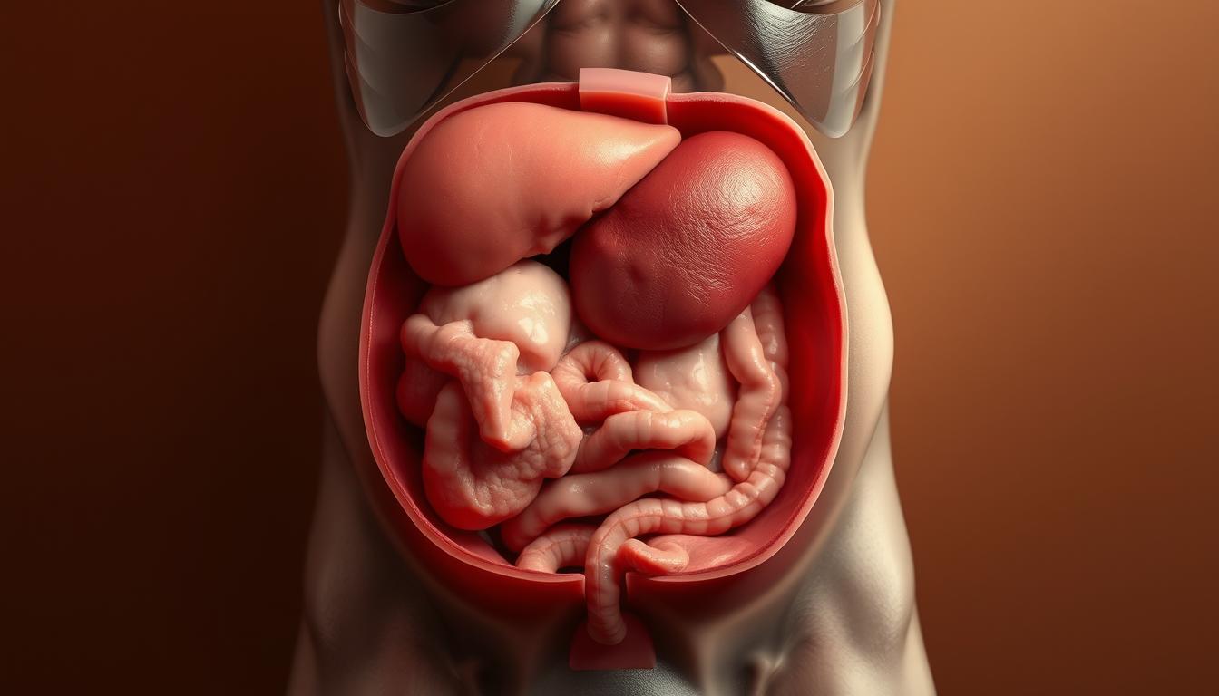 A detailed cross-section of the human abdomen, highlighting the buildup of visceral fat around the internal organs. The scene is set against a warm, muted backdrop, conveying a sense of weight and density. In the foreground, the abdominal wall is transparent, revealing the intricate network of fat deposits surrounding the liver, pancreas, and intestines. The lighting is soft and directional, casting subtle shadows that accentuate the three-dimensional nature of the visceral fat accumulation. The overall mood is one of contemplation and understanding, inviting the viewer to explore the hidden mechanisms behind this complex physiological process. A detailed cross-section of the human abdomen, highlighting the buildup of visceral fat around the internal organs. The scene is set against a warm, muted backdrop, conveying a sense of weight and density. In the foreground, the abdominal wall is transparent, revealing the intricate network of fat deposits surrounding the liver, pancreas, and intestines. The lighting is soft and directional, casting subtle shadows that accentuate the three-dimensional nature of the visceral fat accumulation. The overall mood is one of contemplation and understanding, inviting the viewer to explore the hidden mechanisms behind this complex physiological process.