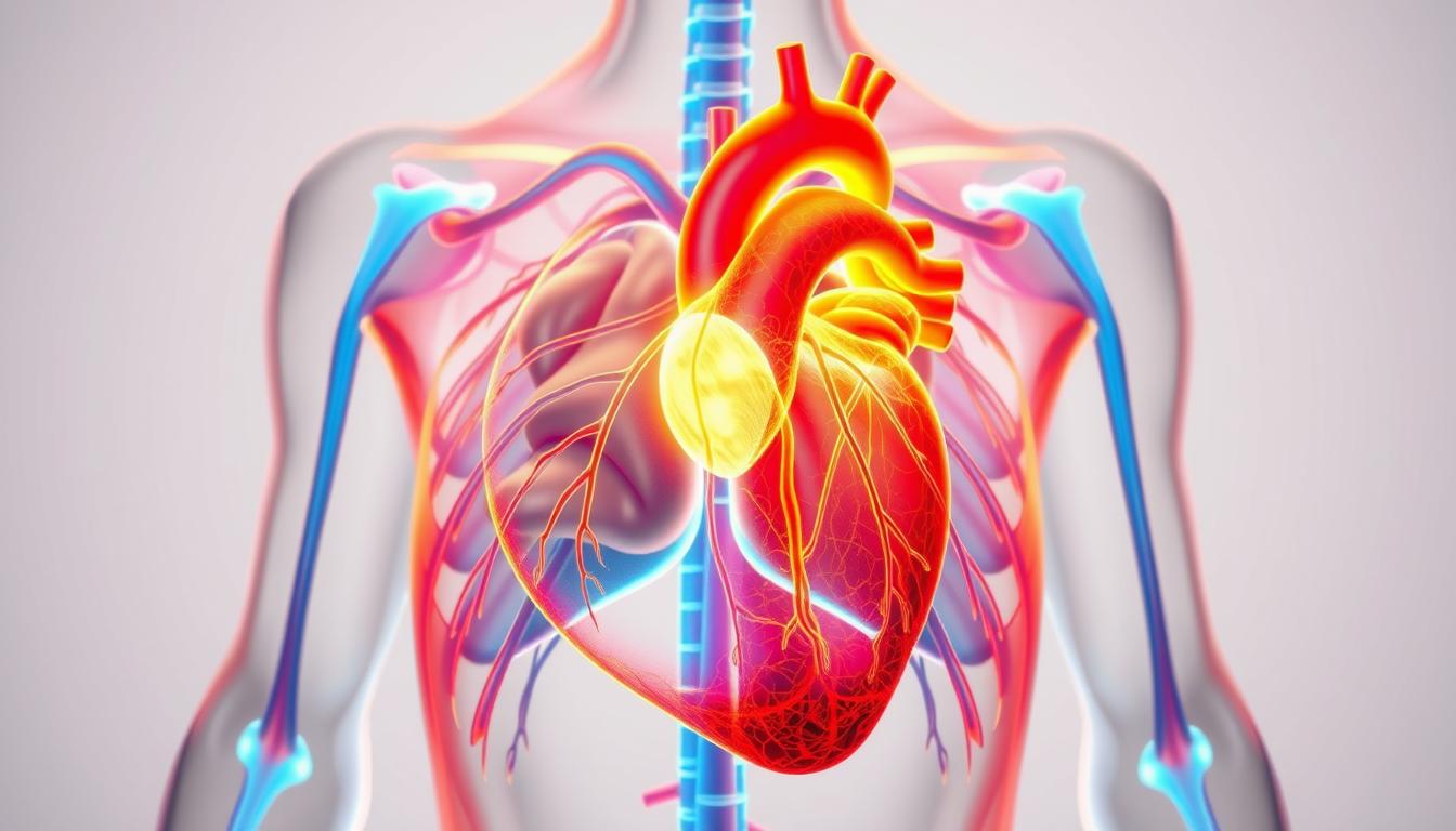 A detailed cross-section of the human cardiovascular system, illuminated by vibrant, diffuse lighting. In the foreground, the heart muscle pulses with energy, its chambers and valves clearly delineated. The aorta and major blood vessels branch out, revealing their intricate network. In the middle ground, the lungs and diaphragm are visible, showcasing the respiratory system's vital connection to cardiovascular health. The background fades into a clean, minimalist environment, allowing the central focus to be the optimized cardiovascular performance enabled by the process of fasting.