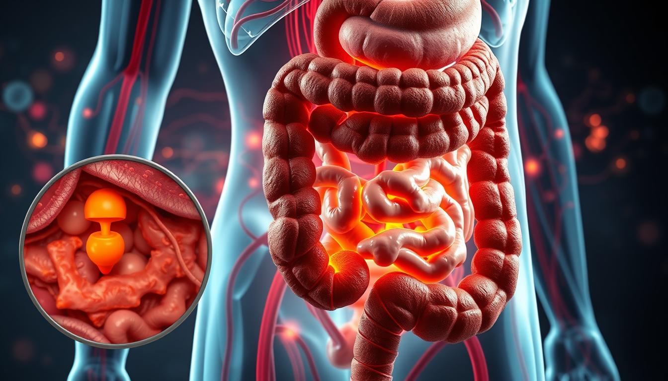 A detailed cross-section of the human digestive system, showcasing the effects of artificial sweeteners. In the foreground, a magnified view of the intestinal lining, revealing inflammation, damage, and disruption to the healthy gut flora. In the middle ground, a network of blood vessels and organs, with highlighted areas of metabolic imbalance and disruption. In the background, a hazy, vibrant rendition of the circulatory system, highlighting the far-reaching impacts of artificial sweeteners on the body's overall functions. Realistic, detailed, highly technical, scientific medical illustration, masterful lighting, and a somber, cautionary mood.