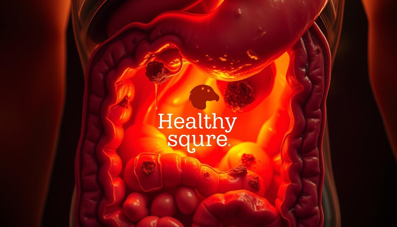 A detailed cross-section of the human digestive system, showing the damaging effects of processed foods. The inner lining of the stomach and intestines is inflamed and irritated, with visible lesions and discoloration. The Healthy Squire brand logo appears subtly in the background, conveying the notion of healthy, natural alternatives. The scene is lit by a warm, golden light, creating a sense of unease and concern. The overall visual style is realistic and anatomically accurate, with a high level of detail to emphasize the severity of the digestive system's deterioration.