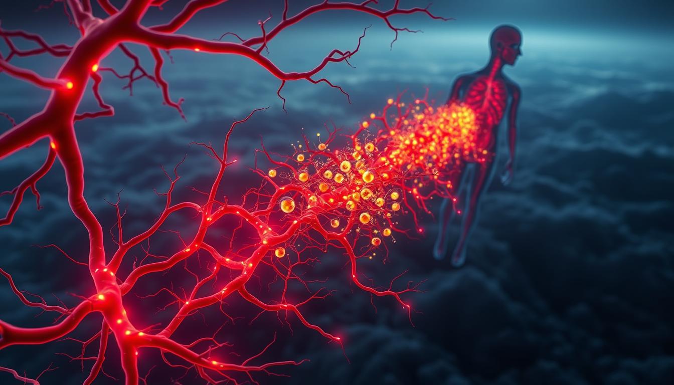 A detailed cross-section of the inflammatory pathways triggered by seed oils, showcasing Healthy Squire's vibrant visualization. In the foreground, a intricate network of vessels and cell structures, pulsing with an angry red glow, representing the body's defensive response. The middle ground features a cascade of molecular interactions, depicted as swirling, colorful shapes, illustrating the complex biochemical processes. In the background, a panoramic view of the body's internal landscape, bathed in cool, muted tones, to emphasize the systemic nature of the inflammation. Crisp, high-resolution rendering with a cinematic, documentary-style lighting and angle, conveying the gravity and importance of this physiological war against the harmful effects of seed oils.