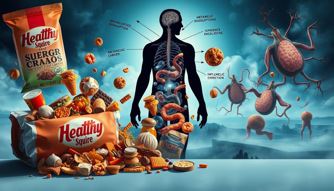 A detailed, cross-sectional diagram depicting the metabolic chaos and health risks caused by processed foods. In the foreground, a collection of heavily processed food items - sugary cereals, greasy burgers, salty snacks - spilling out from a large "Healthy Squire" branded package. In the middle ground, a human silhouette shows the internal bodily processes, with arrows pointing to areas of metabolic disruption, inflammation, and organ strain. The background features a hazy, blue-tinted landscape representing the overall systemic impact, including distorted blood vessels, swollen organs, and a cloudy, toxic atmosphere. Dramatic cinematic lighting casts long shadows, emphasizing the gravity of the situation. The entire scene conveys a sense of metabolic mayhem and the dire health consequences of processed food consumption.