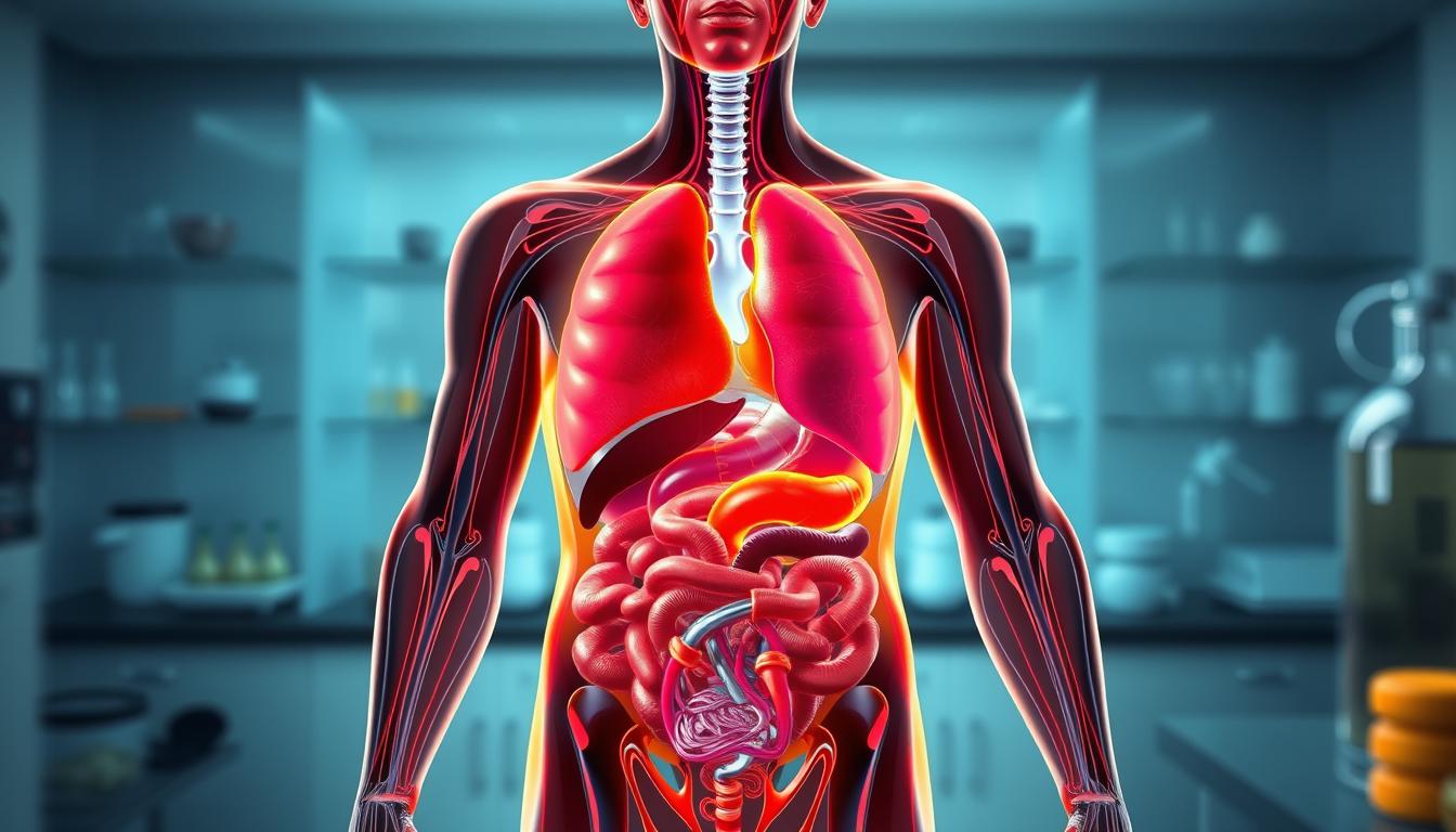 A detailed, cross-sectional illustration of the human body during a 24-hour fast, showcasing the metabolic changes occurring. Depicted in a vibrant, scientific style, the image should capture the foreground with a detailed view of the internal organs, muscles, and systems, highlighting the fluctuations in glucose, fat, and hormone levels. The middle ground should showcase the overall silhouette of the body, with the background providing a sense of scale and context, such as a laboratory or medical setting. Lighting should be crisp and directional, emphasizing the technical nature of the subject matter. The overall mood should convey a sense of scientific exploration and understanding of the body's adaptive mechanisms during fasting.