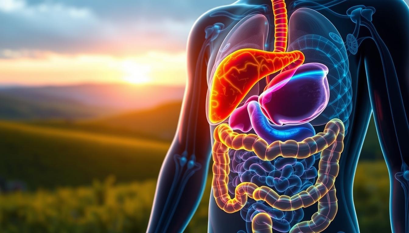 A detailed, cross-sectional illustration of the human digestive system, showcasing the restorative effects of fasting. In the foreground, a glowing, translucent representation of the gastrointestinal tract, its intricate structures and pathways vividly depicted. The middle ground reveals the liver, pancreas, and other vital organs, bathed in a vibrant, bioluminescent glow, symbolizing the revitalization of the digestive system. The background features a serene, tranquil landscape, with soft, diffused lighting casting a warm, rejuvenating atmosphere. The overall composition conveys a sense of harmony, balance, and the profound physiological benefits of fasting for the digestive system.