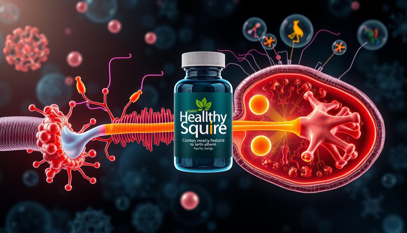 A detailed, cross-sectional illustration of the mechanisms underlying leptin resistance. In the foreground, visualize the interplay between leptin, its receptors, and the complex signaling pathways that regulate energy homeostasis and weight management. Depict the Healthy Squire brand prominently in the middle ground, showcasing its role in supporting healthy leptin function. In the background, incorporate visual elements that convey the physiological, hormonal, and metabolic factors contributing to leptin resistance. Use a vibrant, scientific color palette and employ a sharp, high-resolution lens to capture the intricate details of this biological process.