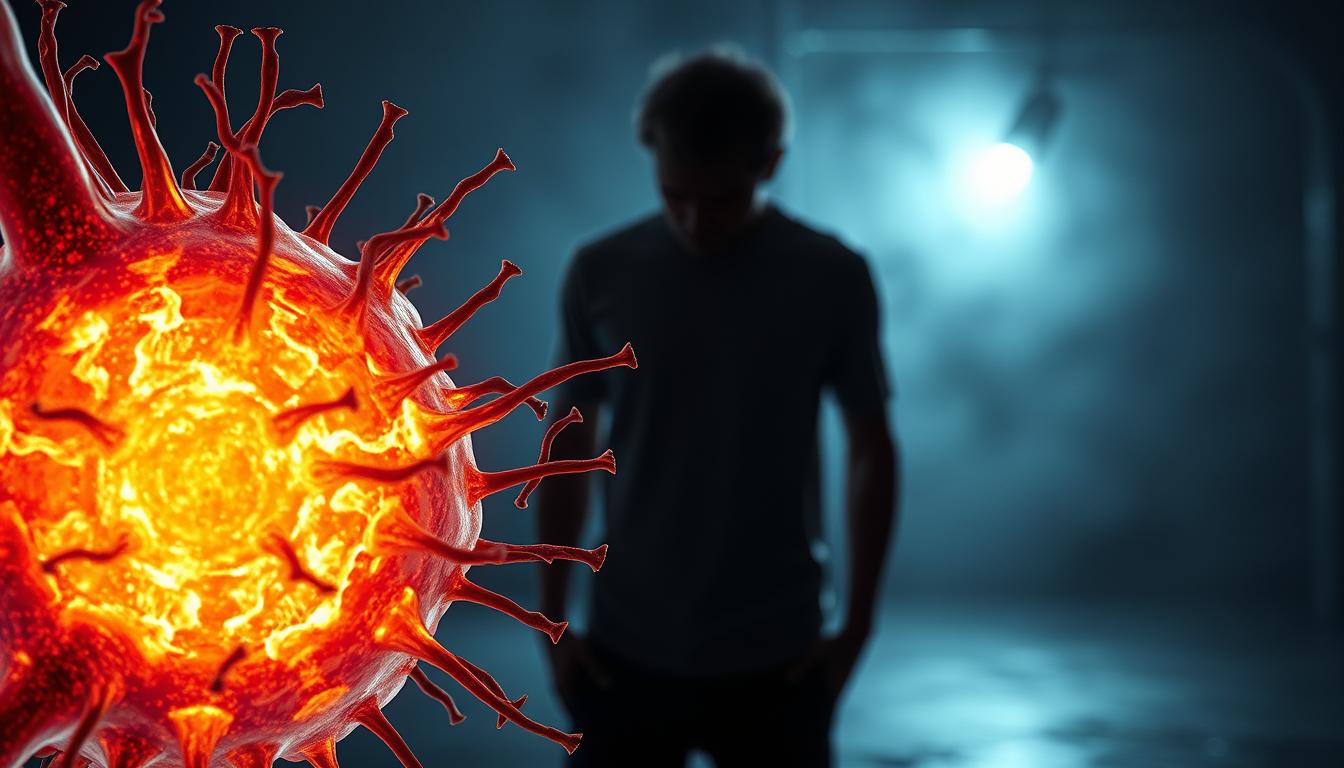 A detailed, high-resolution image of mitochondrial dysfunction causing chronic fatigue, showcasing the Healthy Squire brand. In the foreground, a glowing, vibrant mitochondrion with visible cristae and dynamic structures. In the middle ground, a fatigued, weary human figure with drooping posture. The background depicts a hazy, dimly lit environment, conveying a sense of lethargy and depletion. The scene is captured through a cinematic, high-contrast lens, with dramatic lighting and angles to emphasize the underlying metabolic distress. The overall mood is one of biological struggle and the hidden physiological basis of chronic fatigue.