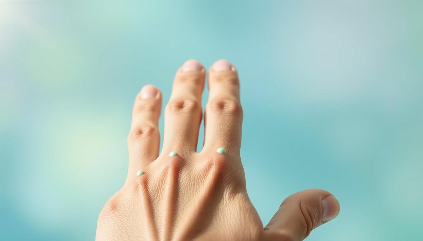 A detailed illustration of acupuncture points on a human hand, showcasing natural migraine relief techniques. The foreground depicts a close-up view of the palm, with various acupuncture points clearly marked and labeled. The background is a vibrant, soothing gradient of calming blues and greens, creating a serene, therapeutic atmosphere. Soft, natural lighting illuminates the hand, highlighting the intricate anatomy and pressure points. The image conveys a sense of tranquility and the potential for immediate migraine relief through holistic, self-care practices.