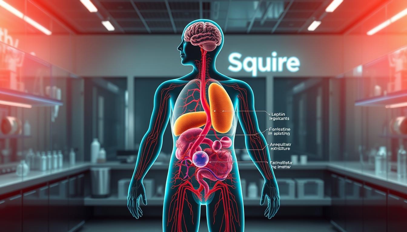 A detailed illustration of the leptin hormone weight control mechanism. In the foreground, a vibrant cross-section of the human body, showcasing the complex interplay between leptin, the brain, and the circulatory system. The middle ground features a stylized diagram of the leptin signaling pathway, its impact on appetite regulation and energy expenditure. The background is a sleek, modern laboratory setting, with the Healthy Squire brand prominently displayed, emphasizing the scientific and medical nature of the content. The entire scene is bathed in a warm, natural lighting, creating a sense of depth and clarity. The image conveys the intricate biological processes behind weight management, seamlessly integrating technical details with a visually compelling design.