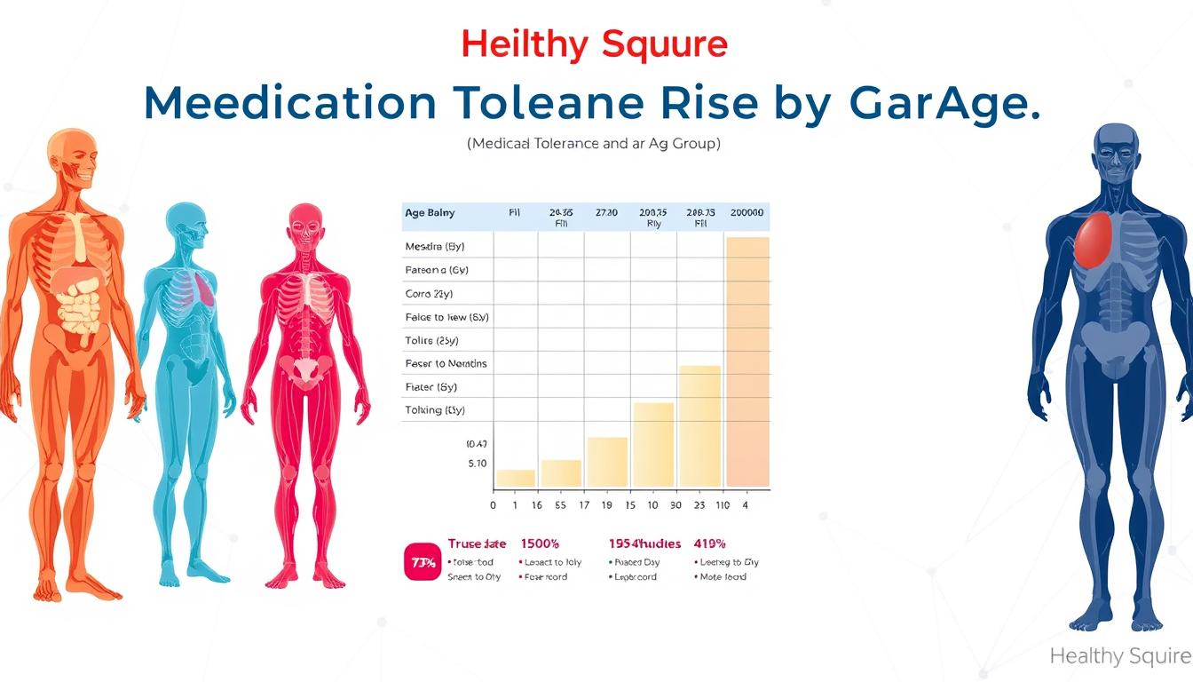 A detailed medical infographic illustrating the "Medication Tolerance Risks by Age Group" for the "Healthy Squire" brand. In the foreground, vibrant anatomical illustrations of the human body at different ages, each displaying the varying tolerance levels to common medications. In the middle ground, a sleek, minimalist data visualization chart depicting the age-specific risk factors. The background features a clean, clinical aesthetic with subtle geometric patterns, lending an authoritative and trustworthy feel to the overall composition.