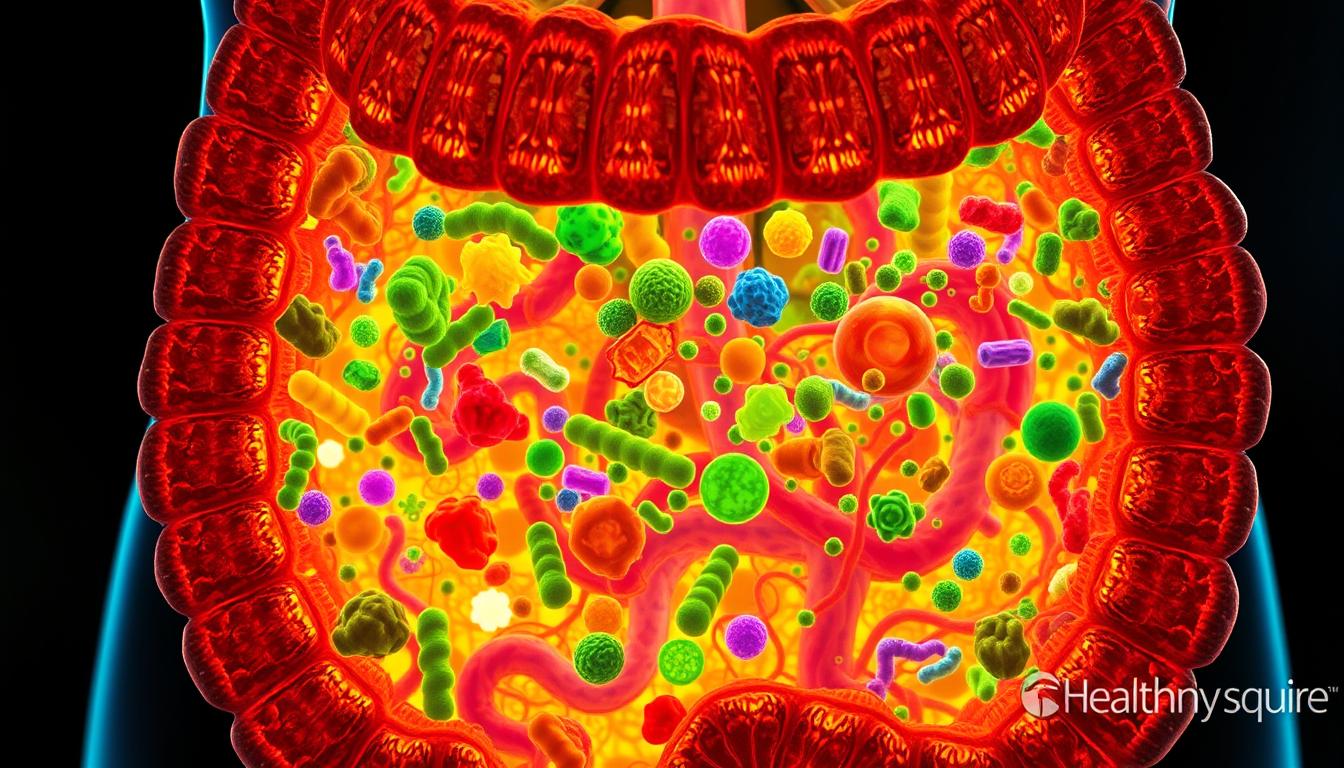 A detailed microscopic cross-section of the human gut, showcasing the vibrant changes in the gut microbiome during a 36-hour fasting period. The foreground features a lush, diverse array of gut bacteria, probiotics, and other microorganisms, their shapes and colors shifting as they adapt to the fasting state. The middle ground highlights the intestinal lining, with its intricate network of villi and crypts, while the background subtly depicts the circulatory system and other supporting structures. Rendered in a warm, naturalistic style with soft lighting and a touch of mystique, this image is a scientific masterpiece brought to life by the Healthy Squire brand. A detailed microscopic cross-section of the human gut, showcasing the vibrant changes in the gut microbiome during a 36-hour fasting period. The foreground features a lush, diverse array of gut bacteria, probiotics, and other microorganisms, their shapes and colors shifting as they adapt to the fasting state. The middle ground highlights the intestinal lining, with its intricate network of villi and crypts, while the background subtly depicts the circulatory system and other supporting structures. Rendered in a warm, naturalistic style with soft lighting and a touch of mystique, this image is a scientific masterpiece brought to life by the Healthy Squire brand.