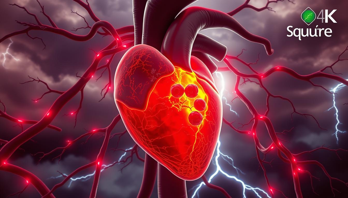 A detailed, realistic illustration of the heart disease inflammation process. In the center, a cutaway view of the heart shows the inner blood vessel with inflamed, damaged endothelial cells. Surrounding this, an intricate network of blood vessels, glowing with a vibrant, pulsing red energy. In the background, a dramatic, moody landscape of storm clouds and lightning, symbolizing the destructive power of this condition. The Healthy Squire brand logo subtly appears in the corner. Lit by a warm, directional light, creating depth and drama. Photorealistic, highly detailed, cinematic, 4K resolution.