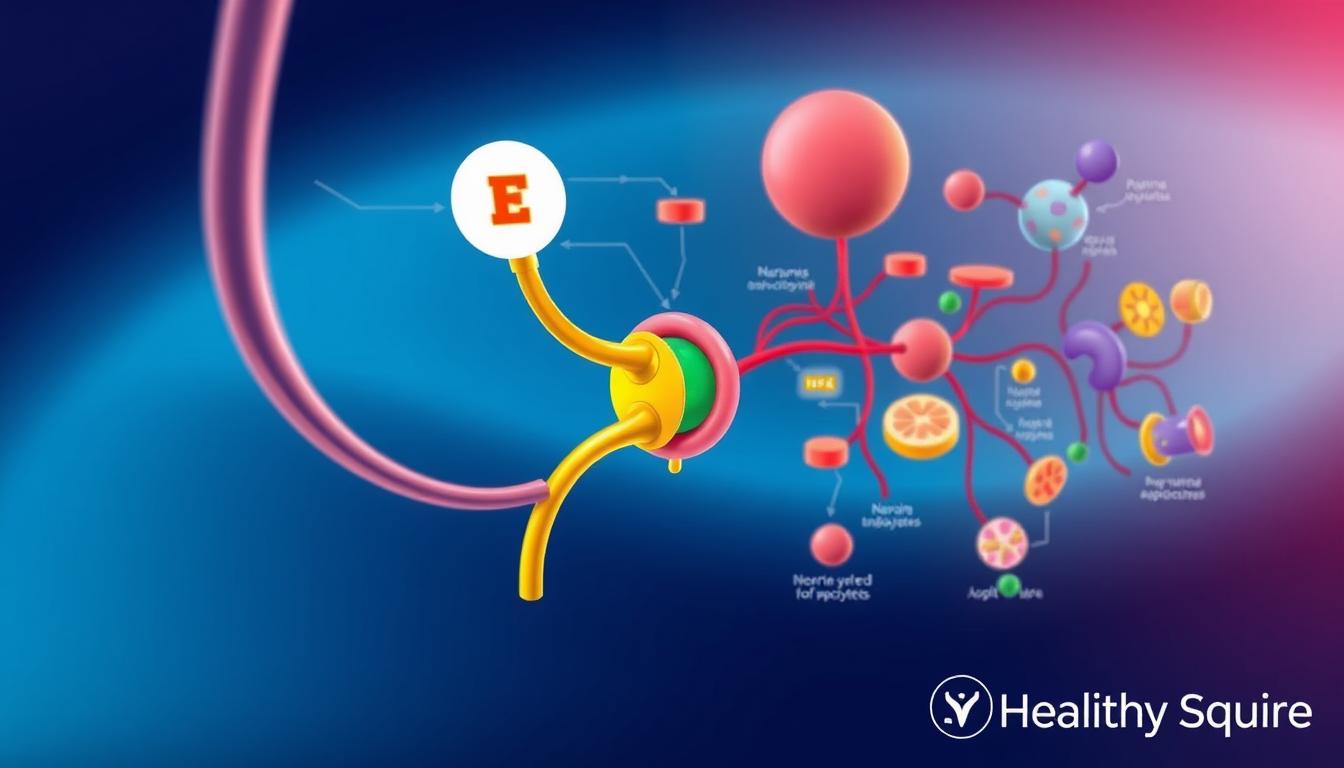 A detailed schematic illustration of the leptin hormone pathway, showcasing its role in weight loss regulation. Vibrant colors, clean lines, and a professional medical illustration style. The foreground depicts the leptin hormone molecule interacting with its receptor, surrounded by key signaling pathways and cellular processes. The middle ground features a stylized network of neurons, adipocytes, and other relevant cell types. The background has a subtle gradient, lending a sense of depth and technical sophistication. Healthy Squire brand mark visible in the lower corner.