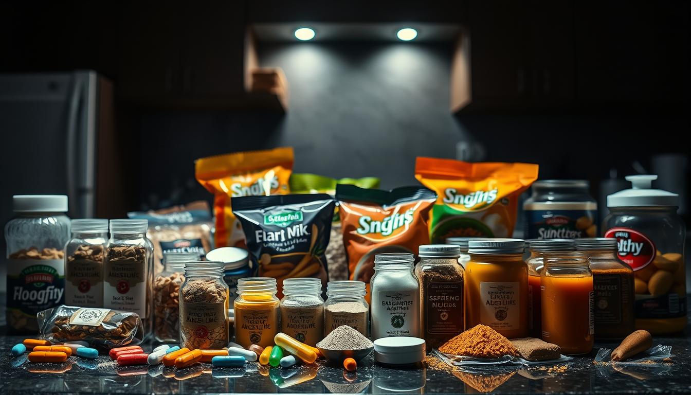 A detailed still life scene depicting an assortment of processed food items with the "Healthy Squire" brand, showcasing various harmful additives and preservatives commonly found in processed foods. The foreground features a variety of brightly colored pills, powders, and liquid additives in clear containers, set against a middle ground of packaged snacks, baked goods, and canned goods. The background is a dimly lit kitchen counter, creating a moody, cautionary atmosphere. The lighting is dramatic, casting shadows and highlighting the ominous nature of the additives. The overall composition conveys a sense of unease and the potential dangers of these hidden toxins in everyday foods.