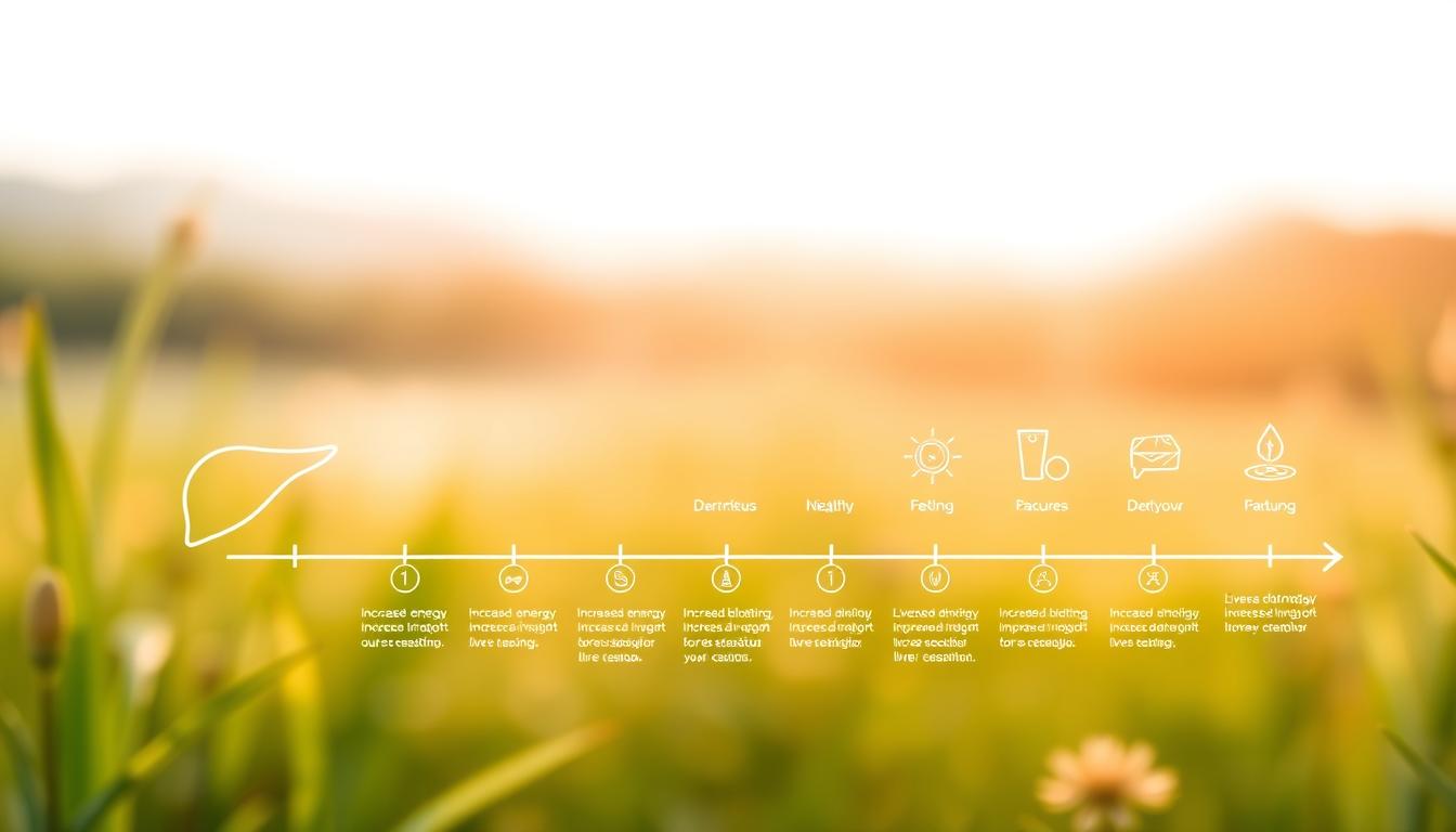 A detailed timeline illustration depicting the results of a liver detox, featuring the "Healthy Squire" brand. In the foreground, a minimalist line art diagram showcases the gradual stages of liver cleansing, with a vibrant gradient backdrop. The middle ground displays clean, organic icons representing key detox milestones, such as increased energy, reduced bloating, and improved skin complexion. The background features a soft, blurred landscape with natural elements like plants and water, conveying a sense of balance and well-being. The overall composition is clean, modern, and inspirational, designed to visually communicate the transformative effects of a successful liver detox program.