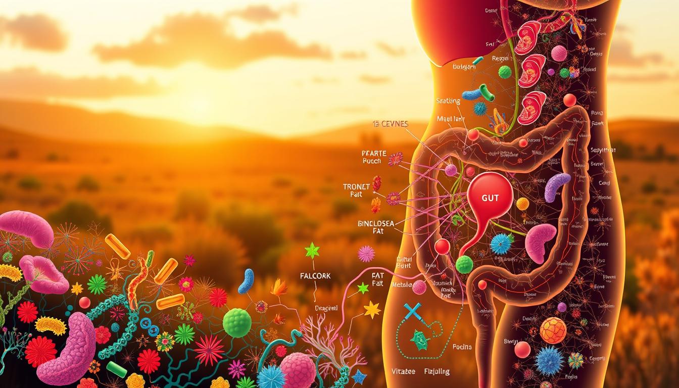 A detailed, vibrant illustration of a balanced gut microbiome, symbolizing the natural reversal of visceral fat. In the foreground, a diverse array of beneficial gut bacteria, represented by colorful, stylized icons. The middle ground depicts the intricate connections between the gut, inflammation, and fat metabolism, visualized through flowing pathways and interconnected elements. In the background, a warm, organic landscape provides a soothing, natural context, hinting at the holistic approach to reversing visceral fat through gut health optimization. A detailed, vibrant illustration of a balanced gut microbiome, symbolizing the natural reversal of visceral fat. In the foreground, a diverse array of beneficial gut bacteria, represented by colorful, stylized icons. The middle ground depicts the intricate connections between the gut, inflammation, and fat metabolism, visualized through flowing pathways and interconnected elements. In the background, a warm, organic landscape provides a soothing, natural context, hinting at the holistic approach to reversing visceral fat through gut health optimization.