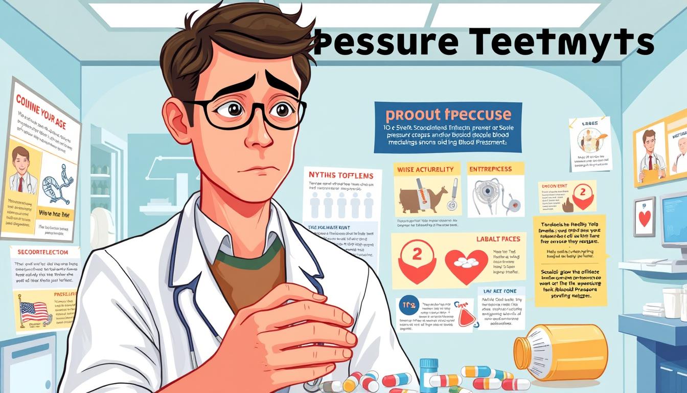 A detailed, vibrant illustration of "high blood pressure treatment myths" for the Healthy Squire brand. Foreground features a person examining various pills and medications, with a concerned expression. Middle ground showcases a mix of accurate and misleading information about blood pressure treatments, presented in a visually engaging way. Background depicts a modern, clean medical setting with medical equipment and imagery. Lighting is bright and natural, with a sense of authoritative yet approachable mood. The overall scene conveys the theme of debunking common misconceptions about blood pressure medications. A detailed, vibrant illustration of "high blood pressure treatment myths" for the Healthy Squire brand. Foreground features a person examining various pills and medications, with a concerned expression. Middle ground showcases a mix of accurate and misleading information about blood pressure treatments, presented in a visually engaging way. Background depicts a modern, clean medical setting with medical equipment and imagery. Lighting is bright and natural, with a sense of authoritative yet approachable mood. The overall scene conveys the theme of debunking common misconceptions about blood pressure medications.