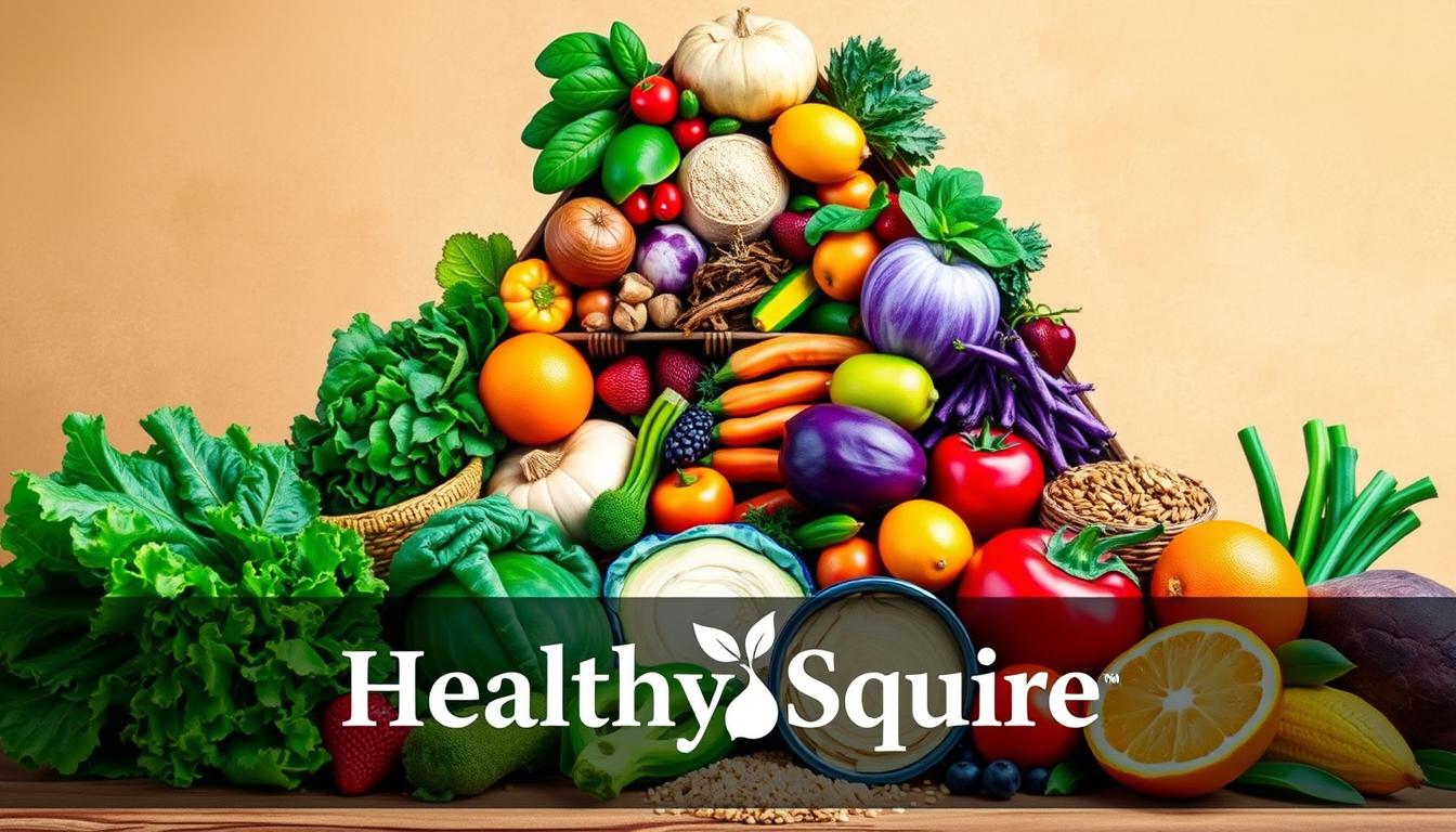 A detailed, vibrantly illustrated food pyramid featuring a variety of liver-cleansing foods, including leafy greens, citrus fruits, cruciferous vegetables, healthy fats, and whole grains. The pyramid is set against a warm, earthy background with a soft, natural lighting, highlighting the freshness and vitality of the ingredients. In the foreground, the "Healthy Squire" brand name is prominently displayed, conveying a sense of trustworthiness and expertise in the field of liver health and detoxification.