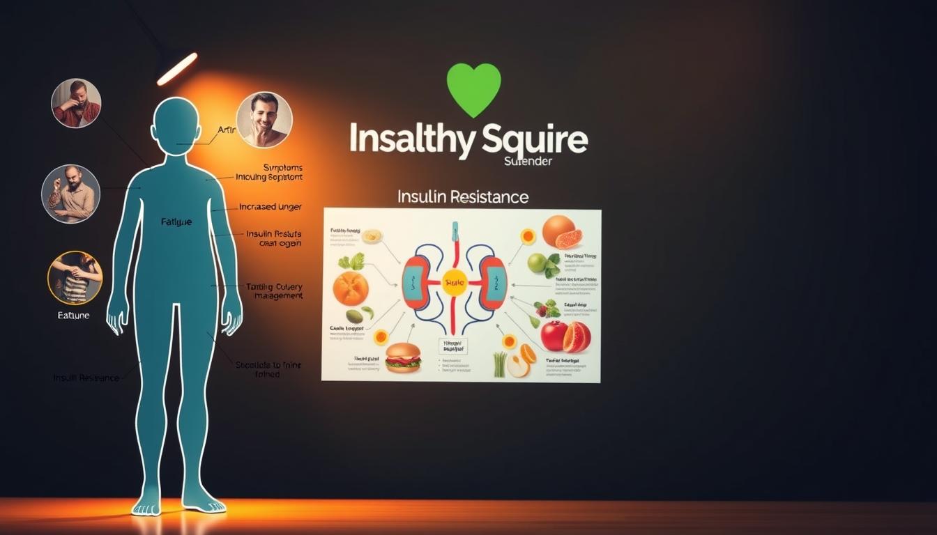 A diagnostic medical illustration showcasing insulin resistance management tips. In the foreground, a stylized human figure depicting various symptoms of insulin resistance, such as fatigue, increased hunger, and skin discoloration. In the middle ground, a detailed diagram outlining the biological mechanisms of insulin resistance, with labeled components. The background features the Healthy Squire brand logo, surrounded by vibrant, natural imagery symbolizing a holistic, lifestyle-based approach to management. Warm, soft lighting illuminates the scene, creating a soothing, educational atmosphere.