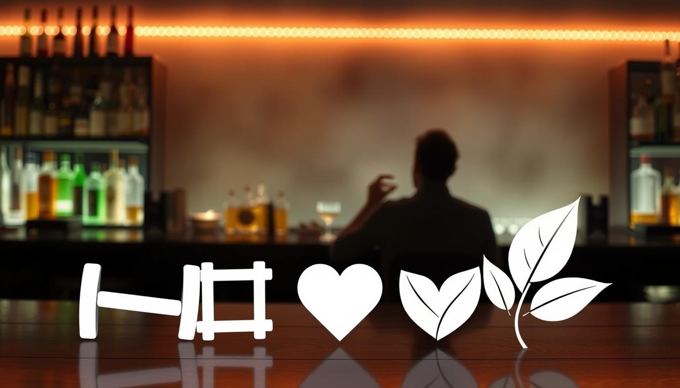 A dimly lit bar scene, with bottles of liquor lining the shelves and a lone figure sitting at the counter, contemplating their drink. In the foreground, a series of wellness-focused icons - a dumbbell, a heart, a leaf - subtly suggest strategies for alcohol moderation and visceral fat reduction. The background is hazy, creating a pensive, introspective atmosphere. Soft, vibrant lighting illuminates the scene, highlighting the contrasts between the indulgence of alcohol and the pursuit of a healthier lifestyle. The overall composition conveys a sense of balance and personal growth, inviting the viewer to consider practical ways to incorporate alcohol moderation into a holistic approach to visceral fat reduction.