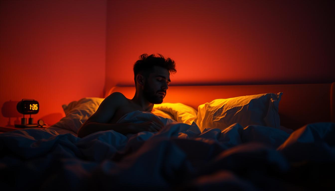 A dimly lit bedroom at night, with a person tossing and turning in bed, their circadian rhythm disrupted. The room is bathed in a warm, vibrant glow, hinting at the imbalance in their sleep-wake cycle. The bedsheets are in disarray, reflecting the person's struggle to find rest. In the background, a digital clock displays the time, a constant reminder of the passing hours. The person's expression conveys a sense of fatigue and frustration, as they grapple with the consequences of their fasting mistakes. The overall atmosphere is one of tension and unease, highlighting the importance of respecting one's natural rhythms.