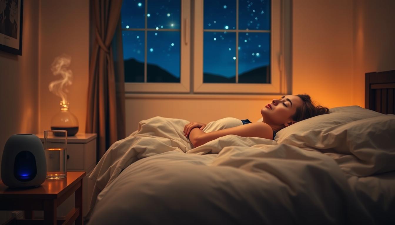 A dimly lit bedroom, with soothing warm lighting casting a gentle glow. On a nightstand, a glass of water and an essential oil diffuser emit calming fragrances. The bed is dressed in soft, linen sheets and a plush comforter, inviting peaceful slumber. Through a window, the night sky is visible, with stars twinkling in the distance. On the bed, a person lies in a relaxed, comfortable position, eyes closed, their expression serene. The scene conveys a vibrant, tranquil atmosphere, promoting rest and migraine relief.