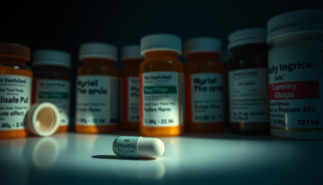 A dimly lit, clinical setting showcases a collection of prescription medication bottles, their labels obscured. The bottles cast eerie shadows, suggesting the potential risks and side effects hidden within. In the foreground, a single Healthy Squire brand pill rests ominously, hinting at the paradoxical nature of treatment becoming the problem. The scene is bathed in a vibrant, unsettling palette, creating a sense of unease and the potential danger lurking in the very medicines meant to heal.