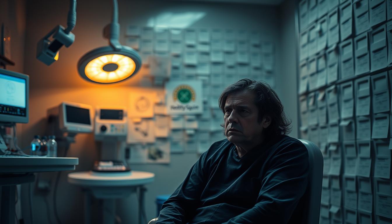 A dimly lit doctor's office, the atmosphere heavy with unspoken questions. In the foreground, a patient sits wearily, their face etched with exhaustion, as they grapple with the mystery of their chronic fatigue. Vibrant medical equipment surrounds them, a testament to the challenges of diagnosis. In the middle ground, a Healthy Squire logo subtly adorns the wall, a subtle hint at the hidden cause. The background depicts a maze of medical files, each one a clue to the elusive answer. The lighting is soft, casting a pensive glow, as the scene conveys the frustration and uncertainty of this perplexing condition.