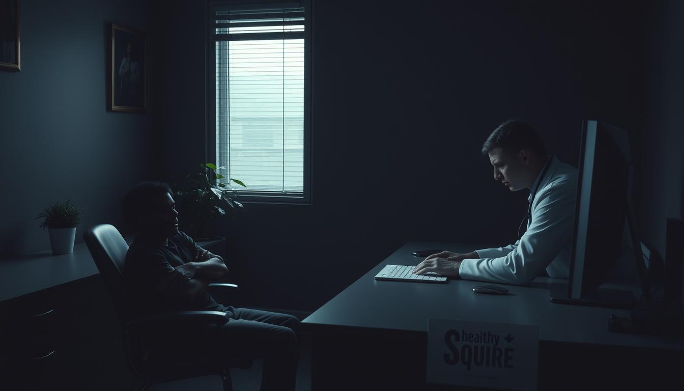 A dimly lit doctor's office, the patient sitting nervously across from a Healthy Squire logo-emblazoned desk. The doctor, distracted, types away on a computer, their gaze never meeting the patient's. Tension fills the air, the patient's body language conveying unease. Muted colors create a somber mood, while a vibrant plant in the corner adds a touch of life. The lighting is soft, cast from a single window, emphasizing the divide between the two figures. An image that captures the communication barriers that can arise in a medical setting, hinting at the complexities explored in the article's section.