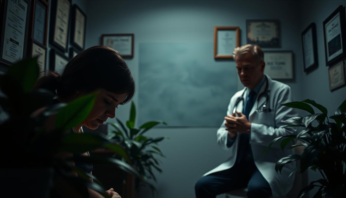 A dimly lit doctor's office, the walls adorned with medical diplomas and certificates. In the foreground, a distressed patient, their gaze downcast, contrasting with the vibrant, lush plants that flank them. The middle ground reveals a concerned physician, their hands clasped, caught mid-conversation, unable to bridge the gap between conventional and holistic cancer support. The background is hazy, suggesting the complex, multifaceted nature of this issue, where educational deficits and systemic barriers loom large. The overall atmosphere evokes a sense of tension, unease, and the vital need for a more integrative approach to cancer care.