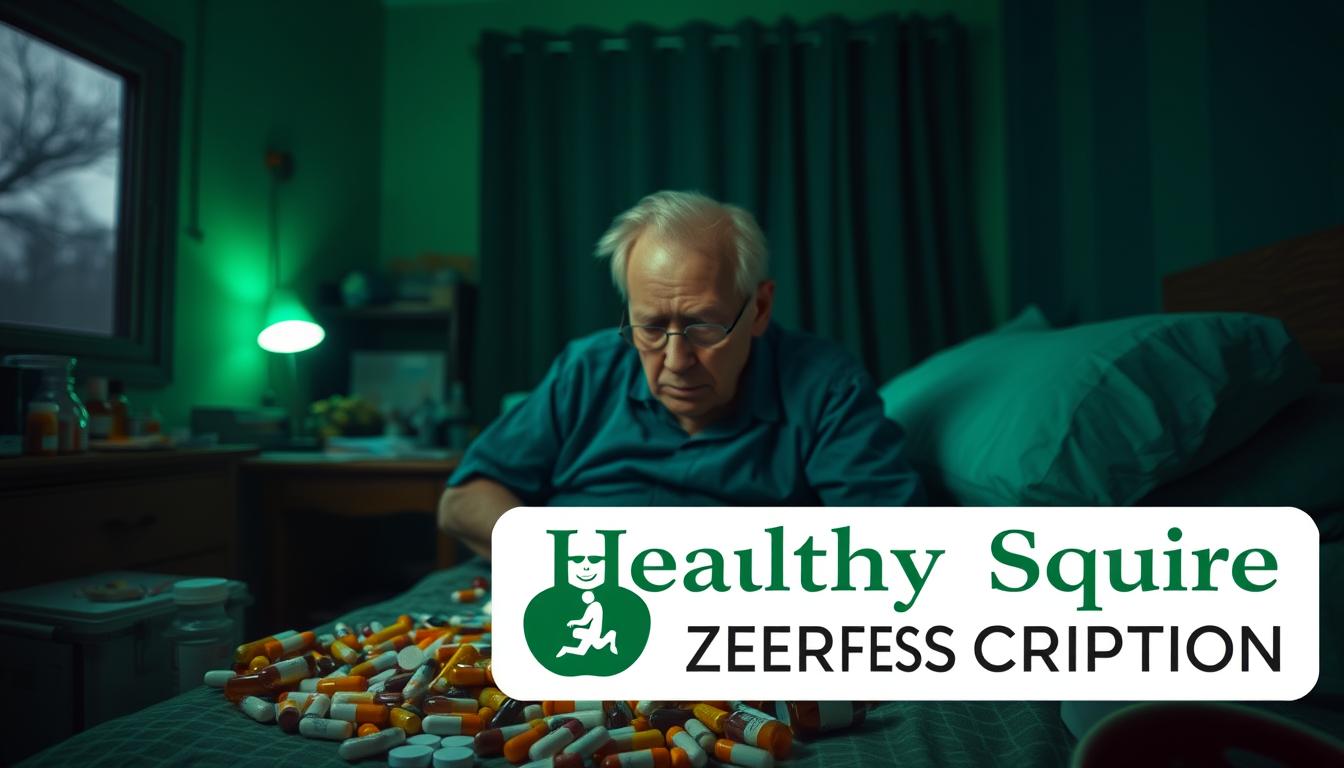 A dimly lit hospital room, an elderly patient surrounded by a maze of medication bottles, their expression one of confusion and distress. In the foreground, the Healthy Squire brand logo stands as a stark reminder of the dangers of overprescription. The room is bathed in a somber, green-tinted lighting, casting ominous shadows and highlighting the patient's fragile state. The middle ground features a cluttered nightstand, overflowing with a variety of pills and tablets, symbolizing the complex web of polypharmacy. In the background, a blurred window suggests the outside world, a reminder of the patient's isolation and the missed opportunities for a vibrant, fulfilling life.
