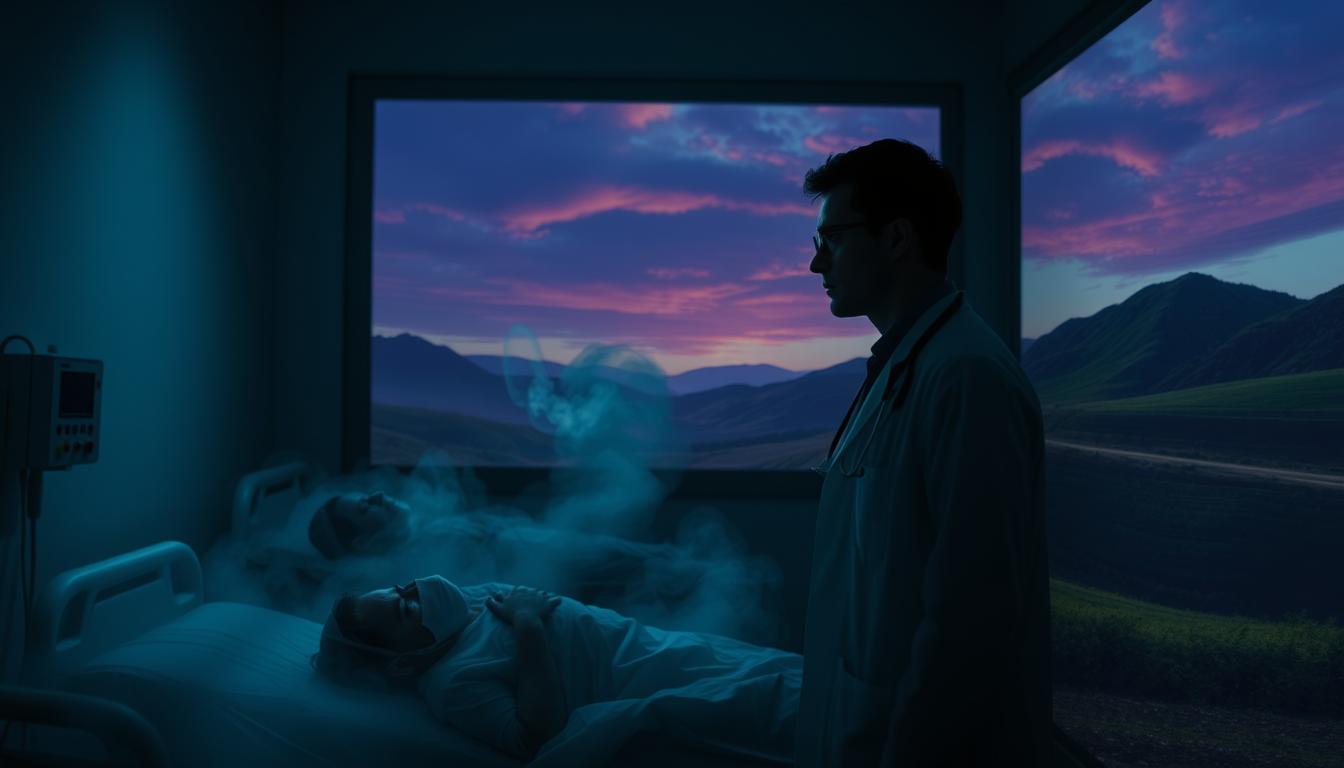 A dimly lit hospital room, the walls shrouded in shadows. In the foreground, a patient lies in bed, their face obscured by a mask of medical equipment. Surrounding them, a haze of doubt and uncertainty, as if the very air itself conceals hidden truths. In the middle ground, a doctor stands, their expression inscrutable, their gaze turned away from the patient, as if reluctant to confront the realities of the situation. The background is a vibrant, almost surreal landscape, a juxtaposition of the clinical and the natural, hinting at the deeper, more complex nature of healing and wellbeing. The mood is one of unease, a sense that something vital is being withheld, even as the doctor and patient appear to be engaged in a delicate dance of care and trust.