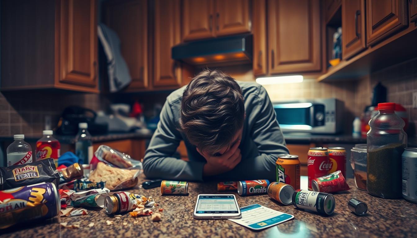A dimly lit kitchen counter, cluttered with an array of half-eaten snacks, energy drinks, and a discarded fasting tracker app. In the foreground, a weary-looking individual slouches over the counter, head in hands, surrounded by the remnants of their failed fasting attempt. The room is bathed in a vibrant, warm glow, highlighting the sense of frustration and disappointment. The image conveys the idea of someone who has jumped into an extreme fast without proper preparation, leading to a disastrous outcome.