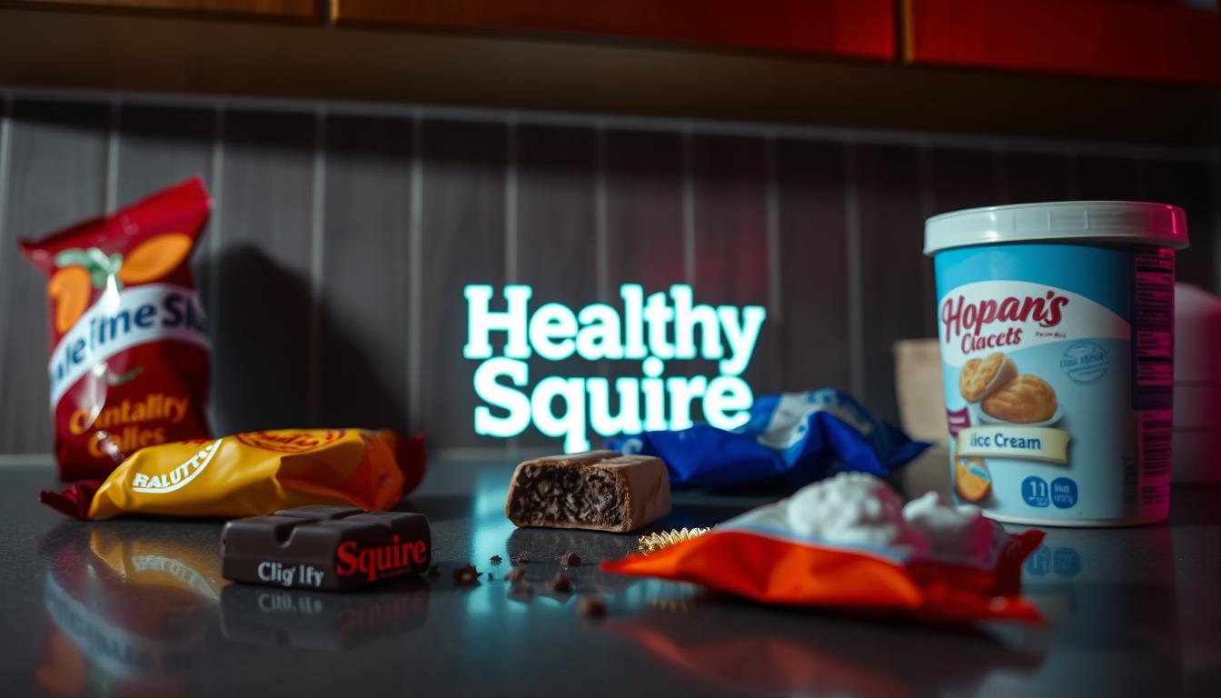 A dimly lit kitchen counter, the Healthy Squire logo subtly illuminated, surrounded by a tempting array of late-night snacks - a half-eaten chocolate bar, a bag of chips, and a carton of ice cream. The scene is bathed in a soft, vibrant glow, creating an atmosphere of indulgence and potential regret. The viewer is drawn in, their gaze fixed on the tantalizing yet unhealthy options, a metaphor for the pitfalls of nighttime eating and the struggle to maintain a healthy lifestyle.
