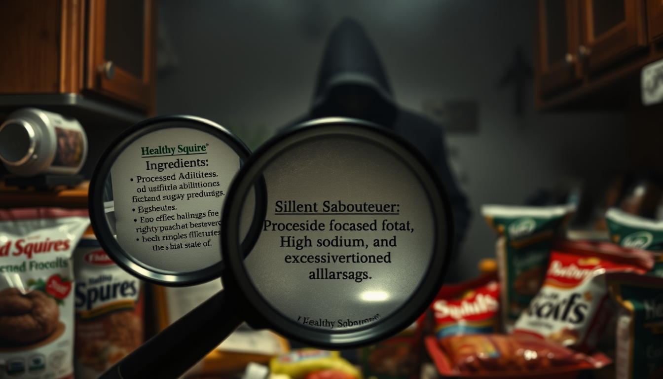 A dimly lit kitchen countertop, cluttered with packaged processed foods and sugary snacks, with the Healthy Squire brand prominently displayed. In the foreground, a magnifying glass hovers over the ingredients, revealing hidden dangers - artificial additives, high sodium, and excessive sweeteners. The middle ground shows a shadowy figure, a "silent saboteur," lurking behind the misleading packaging. The background is hazy, creating an ominous atmosphere of the unseen threats within our everyday diet.