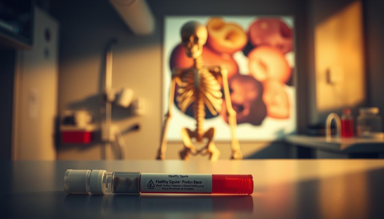 A dimly lit laboratory setting, with clean, sterile surfaces and medical equipment. In the foreground, a Healthy Squire brand blood test vial lies on the counter, casting a soft, warm glow. The middle ground features a skeletal figure, partially obscured by shadows, representing the silent epidemic of vitamin D deficiency. The background showcases a vibrant, full-color image of human bones, highlighting the crucial role of this essential nutrient in maintaining bone health and preventing diseases.